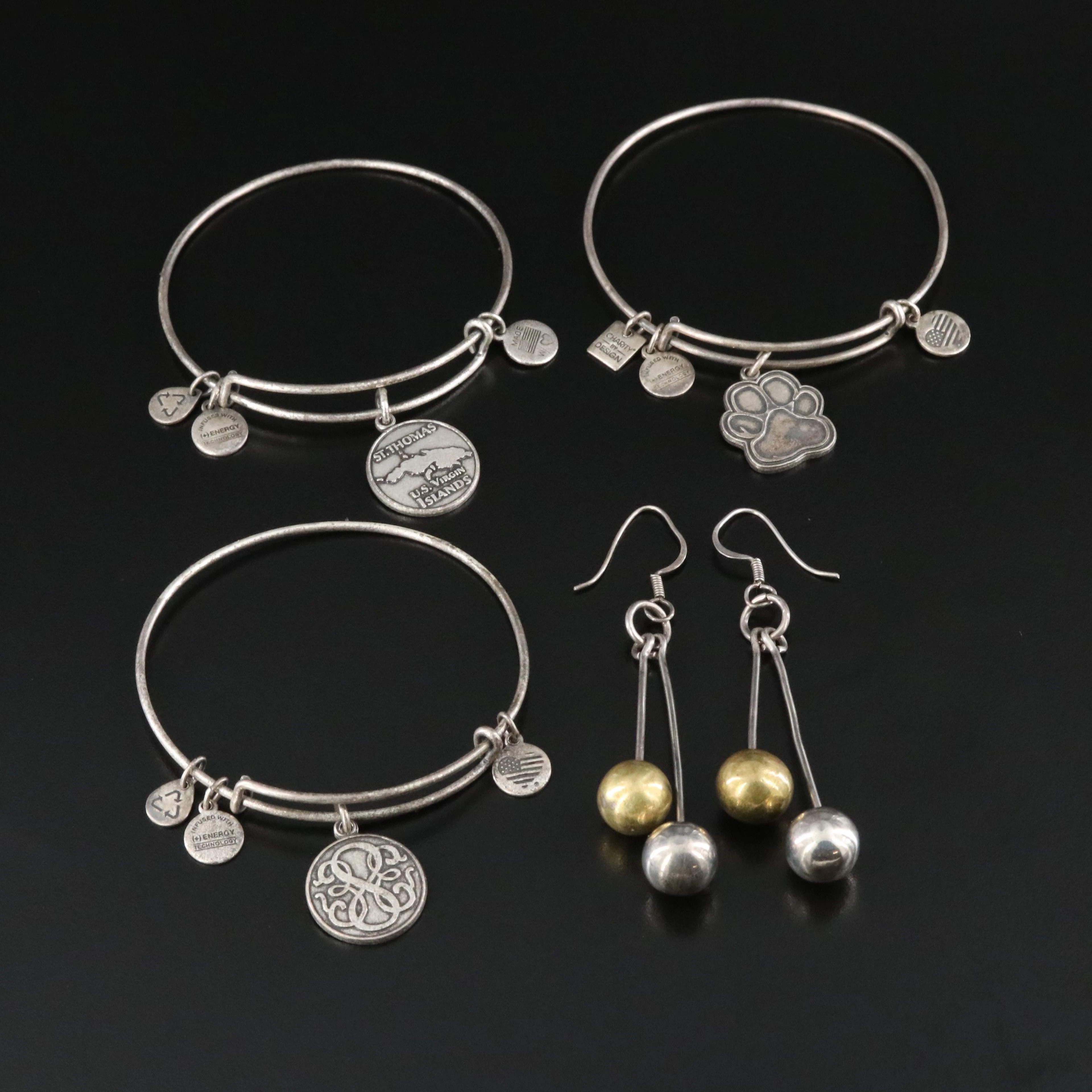 Alex & Ani Charm Bracelets with Sterling & Brass Bead Earrings