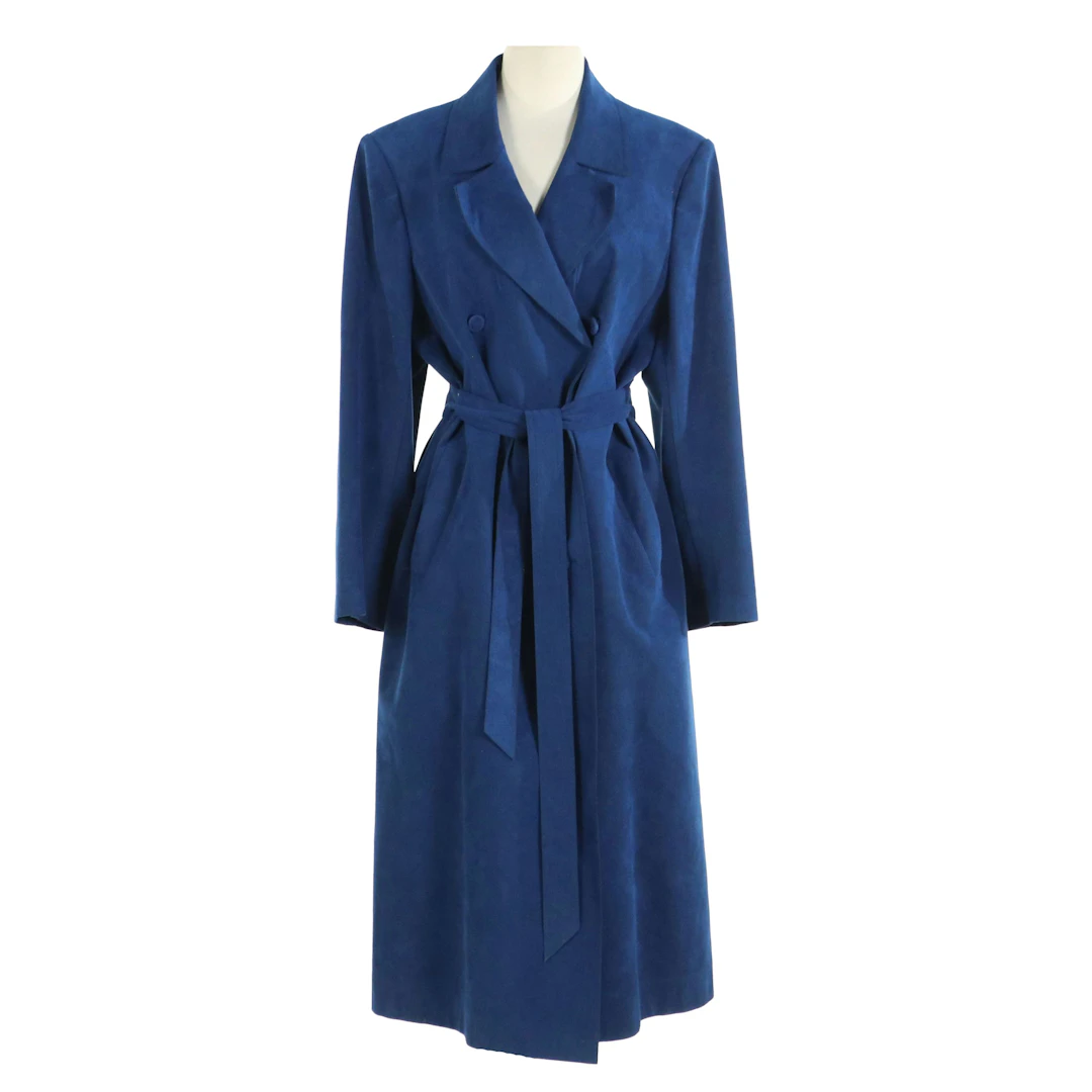 Daniel Leong Double-Breasted Belted Coat in Blue Ultrasuede, Vintage