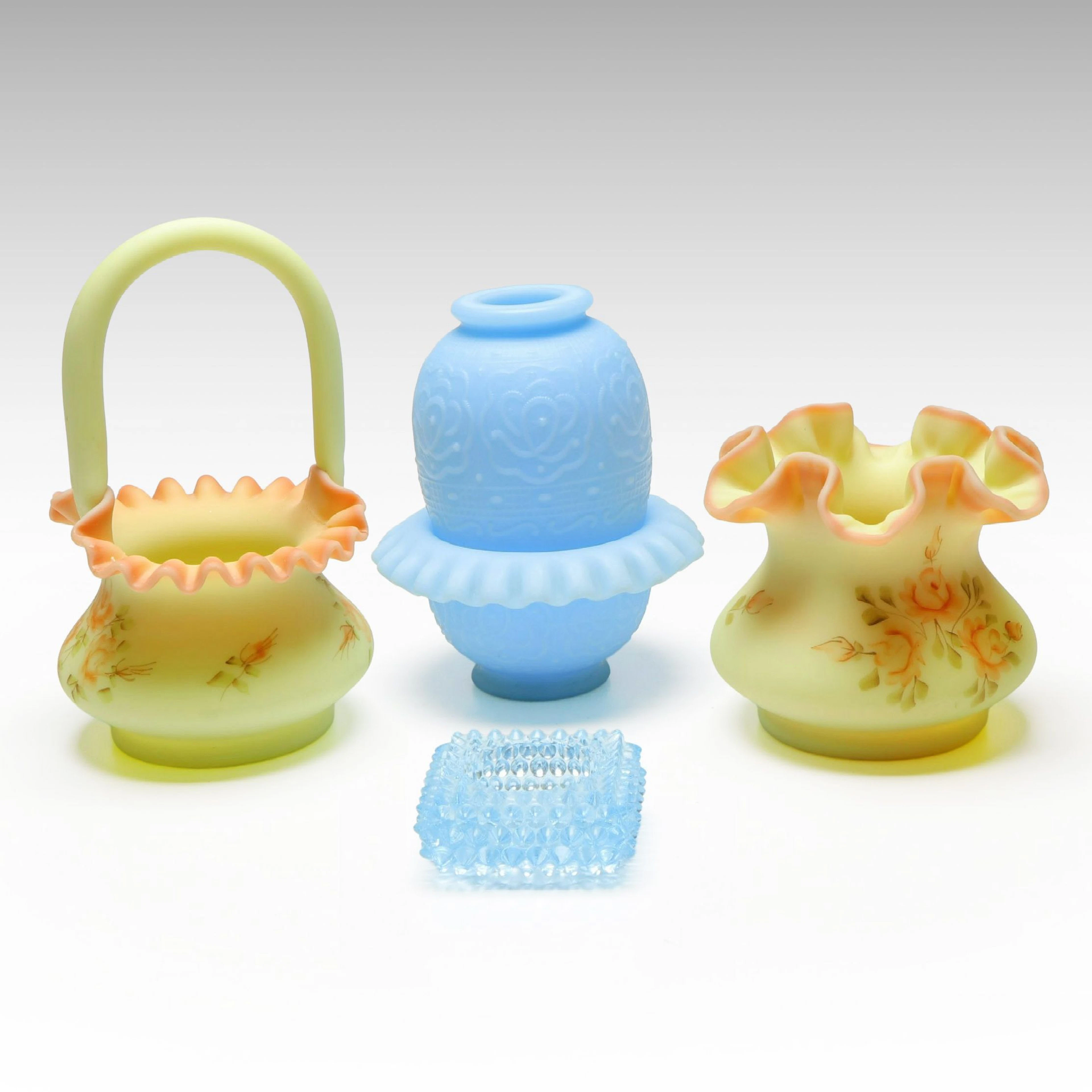 Fenton "Rose Burmese" Custard Glass Basket with "Blue Satin" Fairy