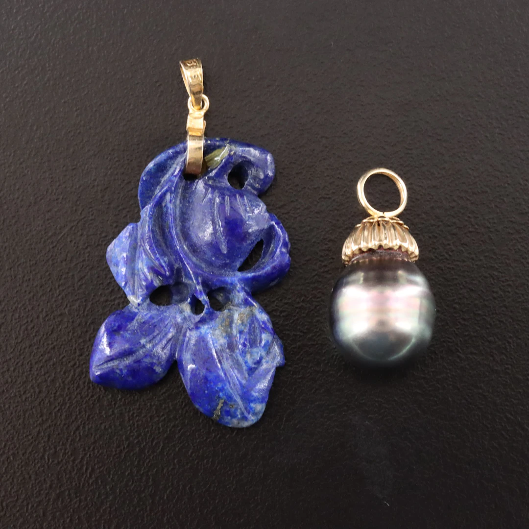 14K Carved Lapis Lazuli and Pearl Pendants