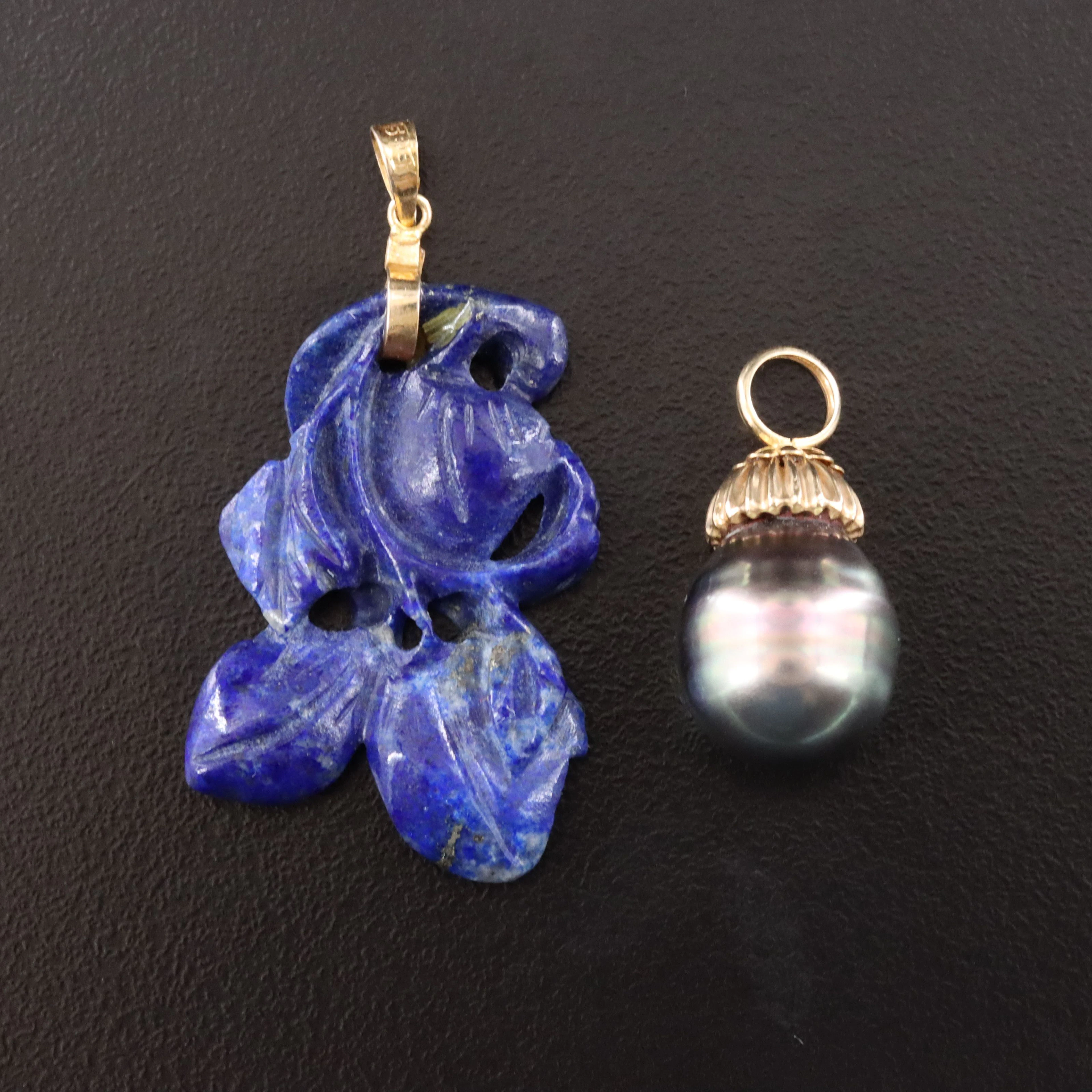 14K Carved Lapis Lazuli and Pearl Pendants