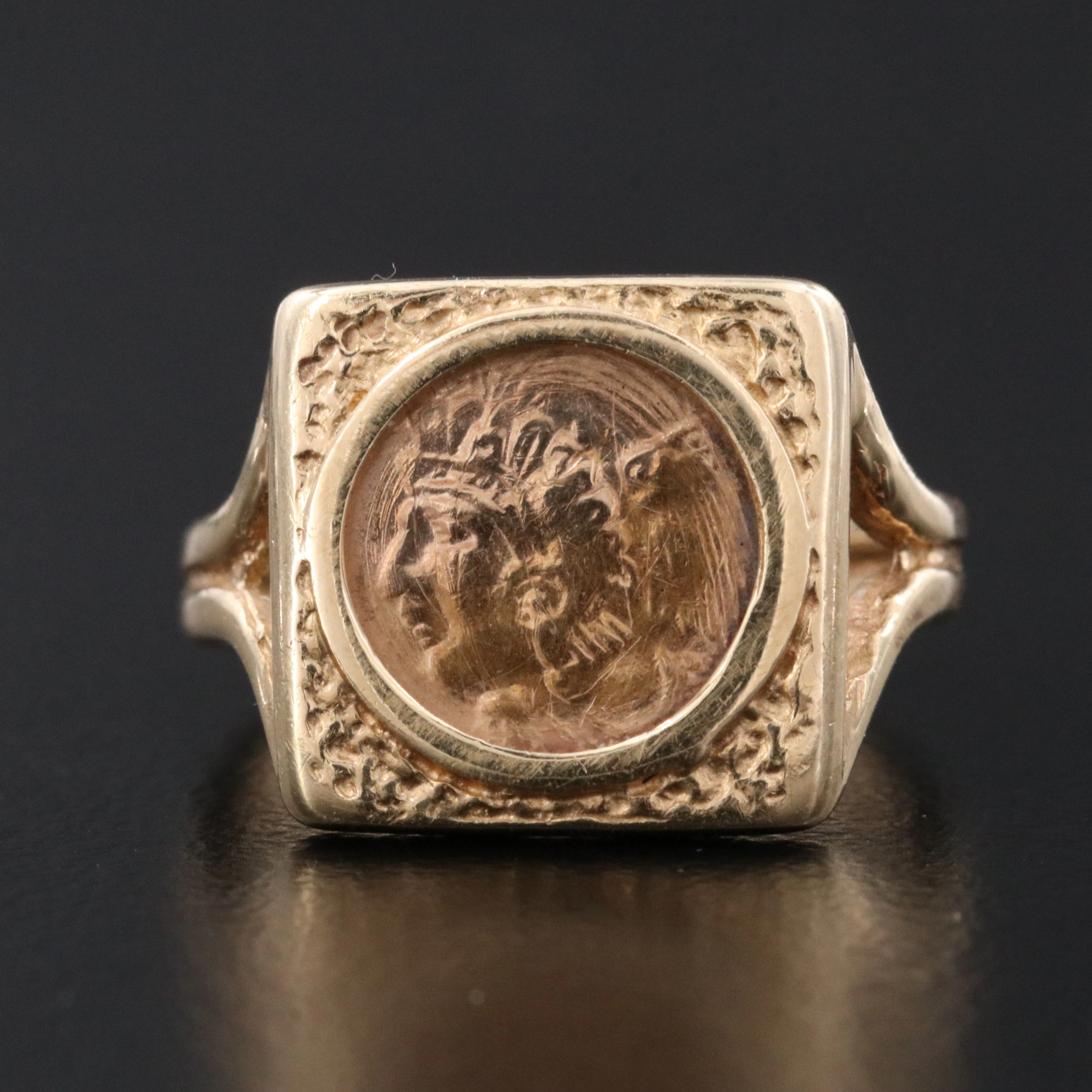 14K Ring with Aztec-Themed 10K Gold Charm Coin