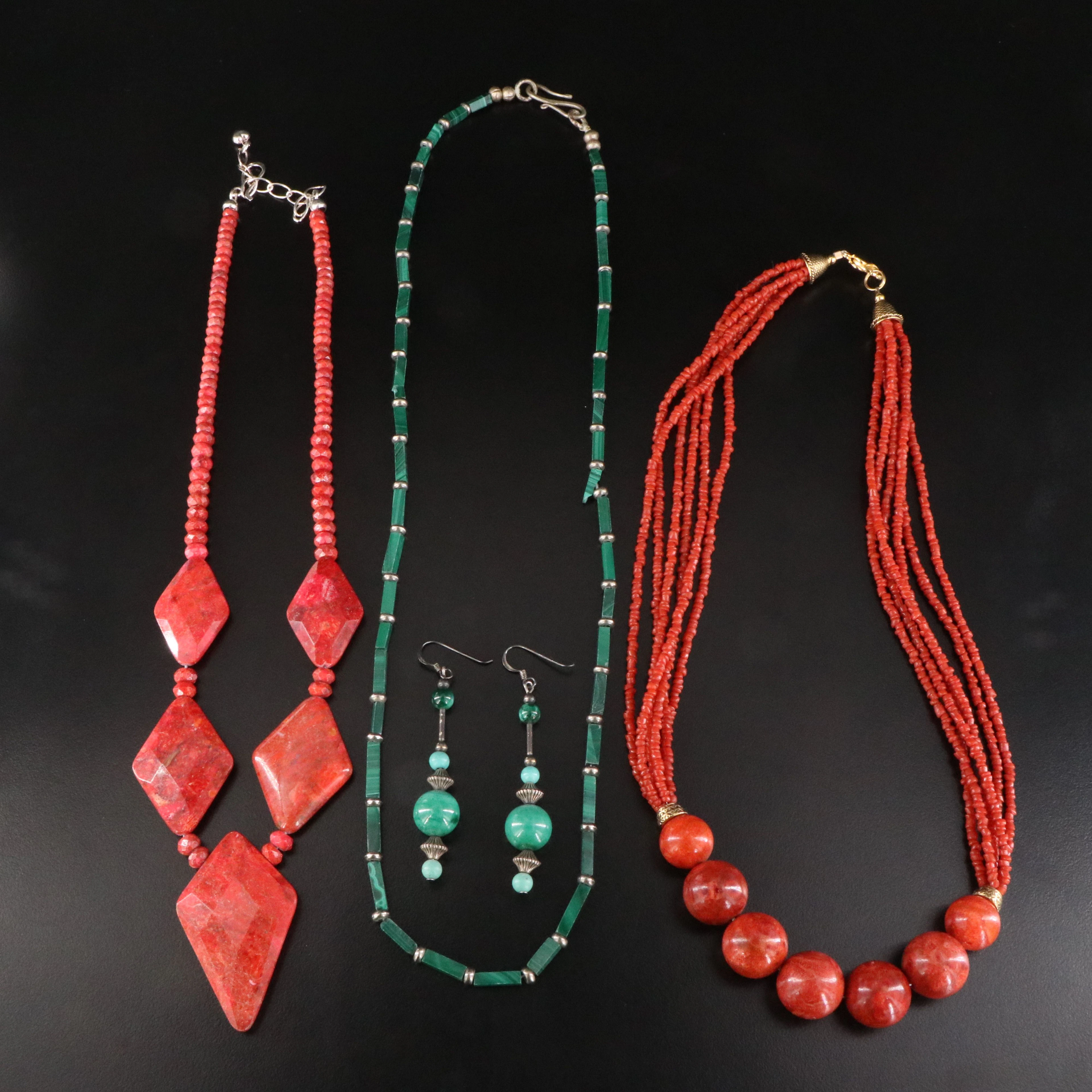 Coral, Malachite and Turquoise Necklaces and Earrings with Sterling