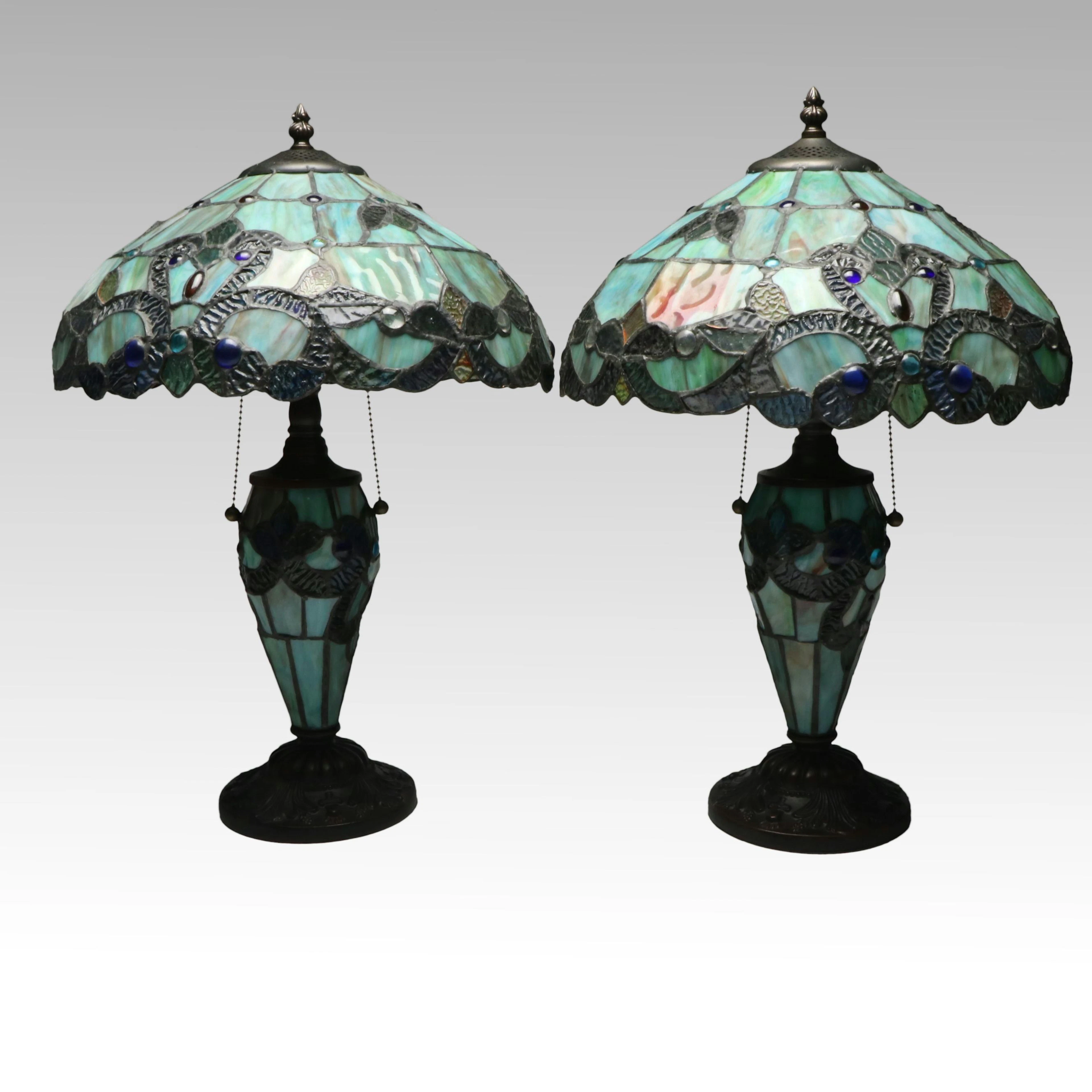 Pair of Victorian Style Slag Glass Table Lamps with Matching Shades, 2013