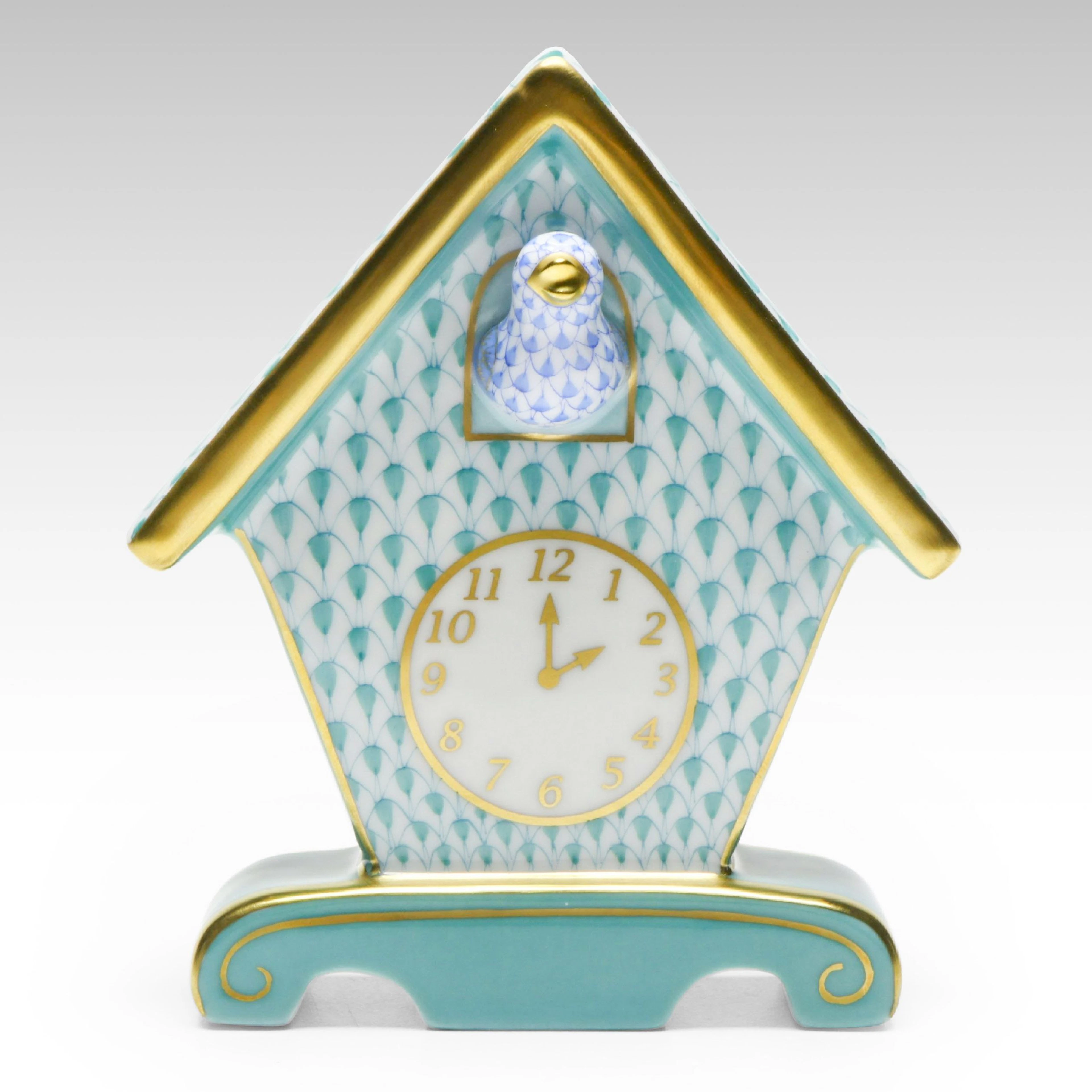 Herend Green Fishnet with Gold "Cuckoo Clock" Porcelain Figurine