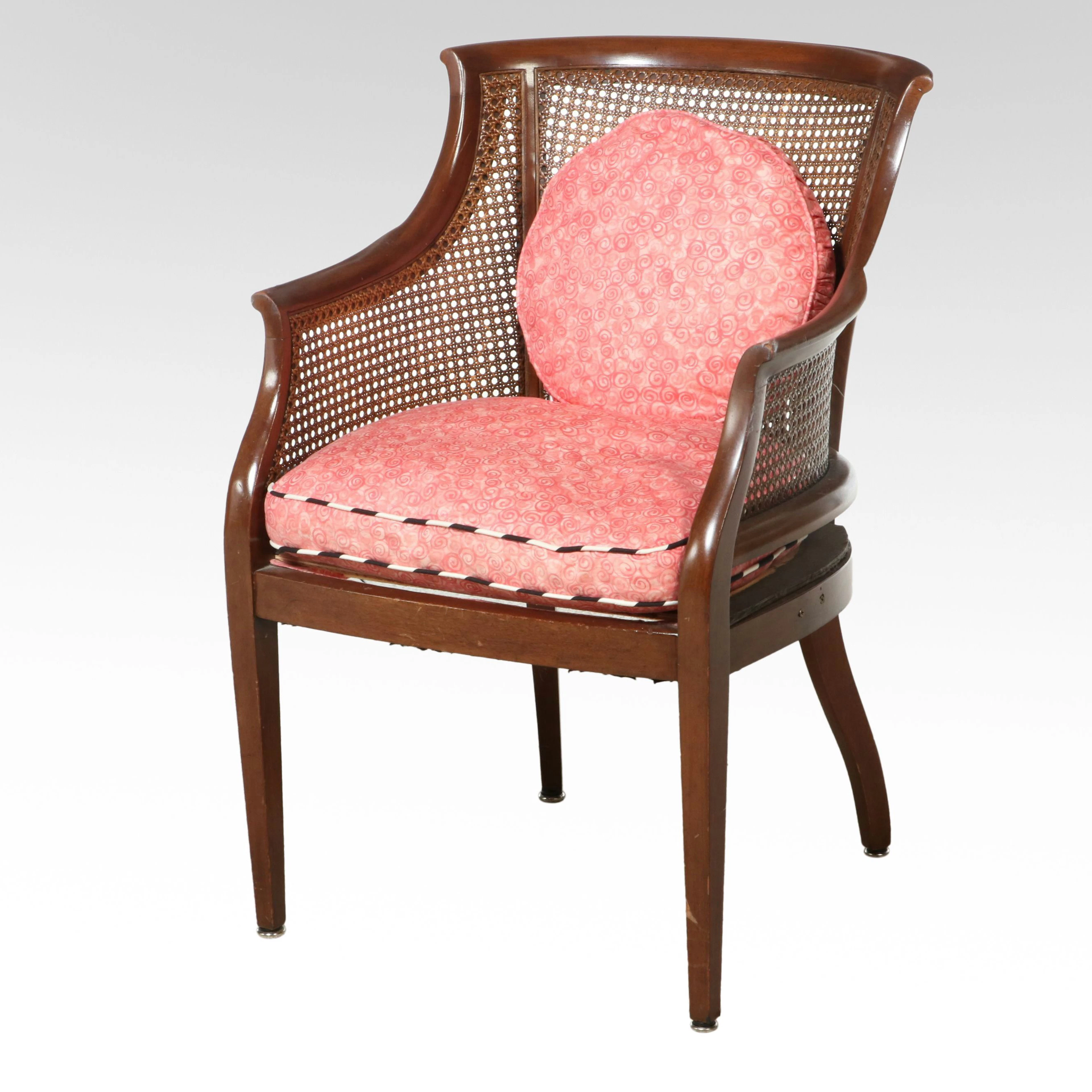 Mid Century French Provincial Style Cane Back Barrel Armchair