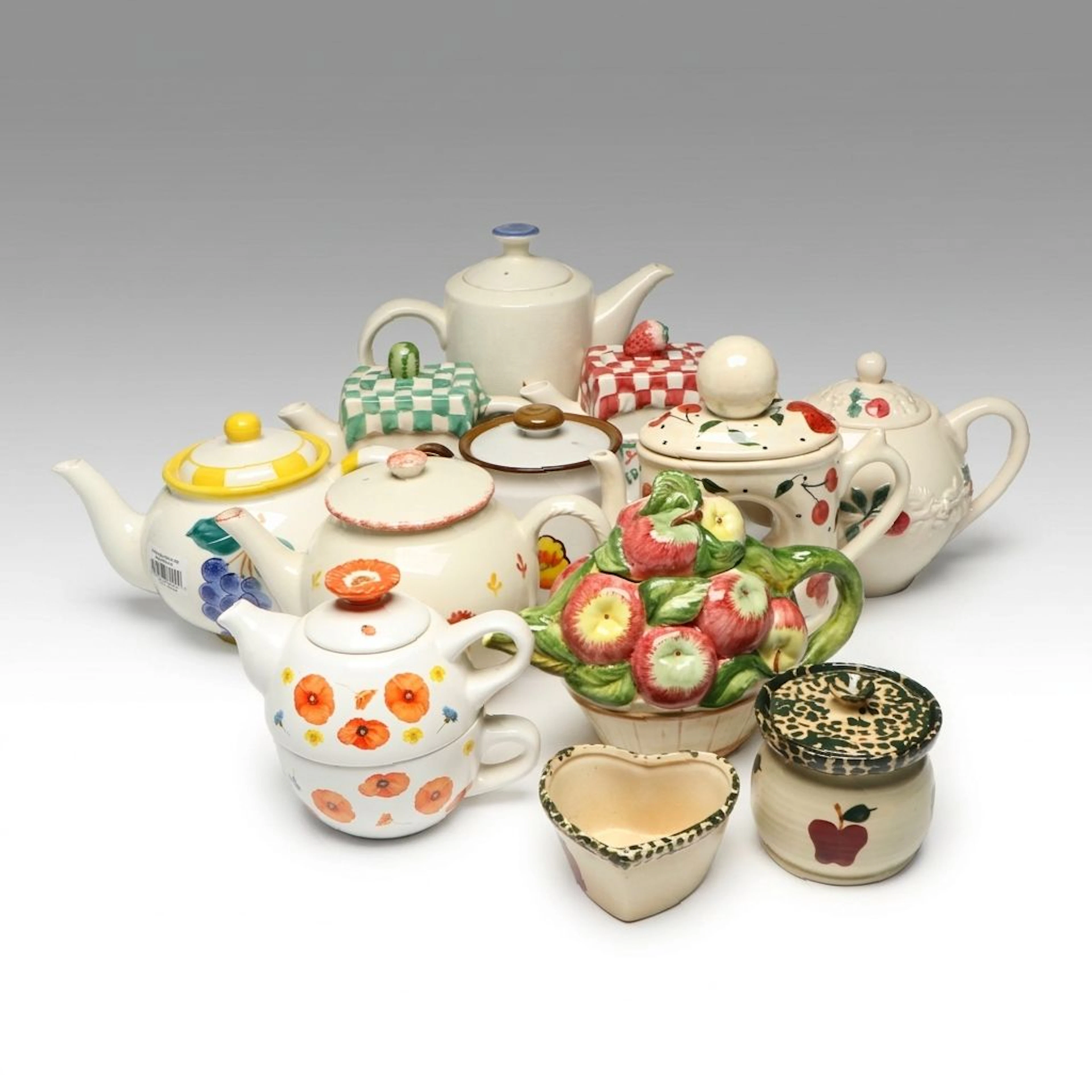 Fruit and Floral Themed Ceramic Teapots with Creamer and Sugar