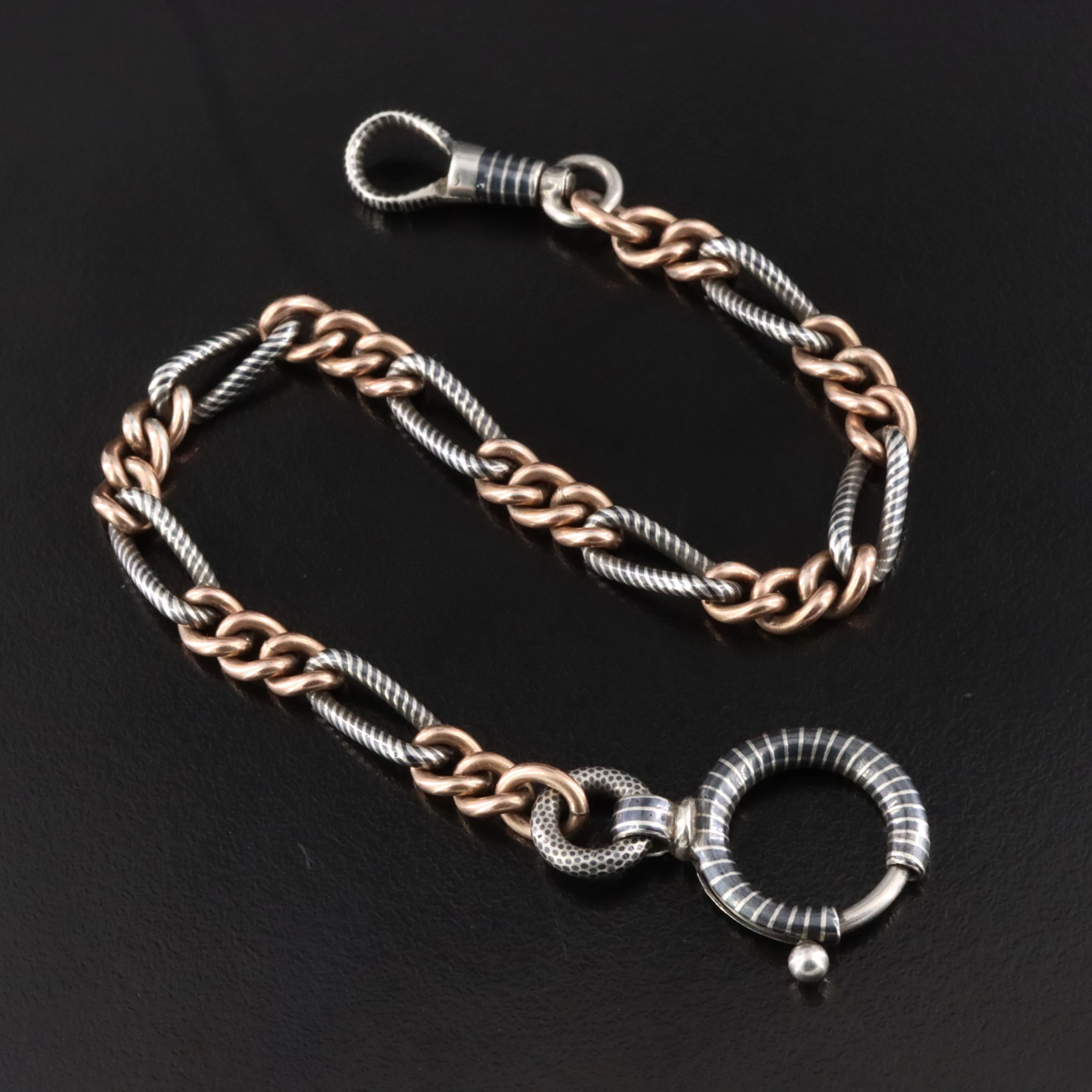 Victorian 900 Silver and 10K Rose Gold Enamel Watch Chain