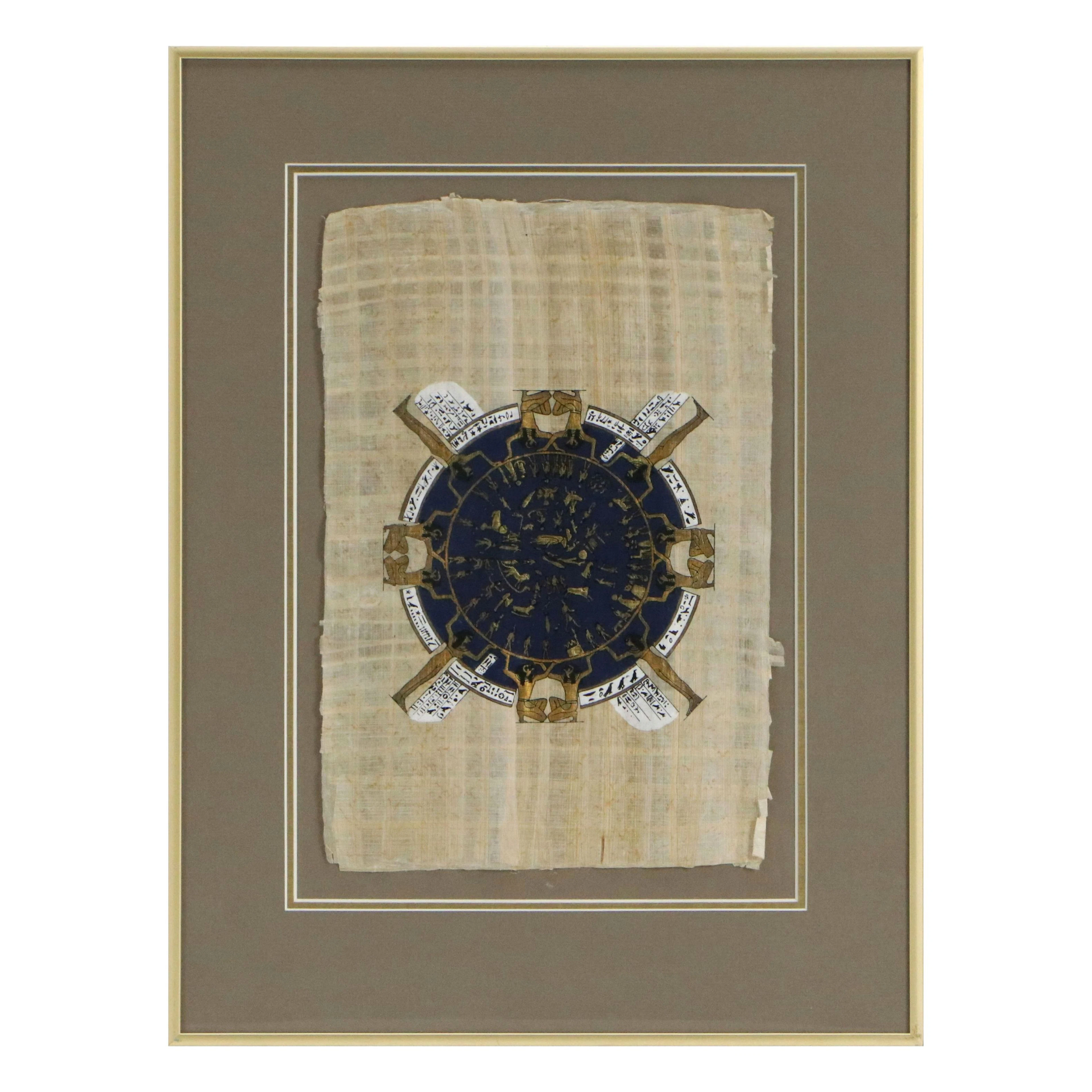 Egyptian Souvenir Gouache Painting on Papyrus of Dendera Zodiac
