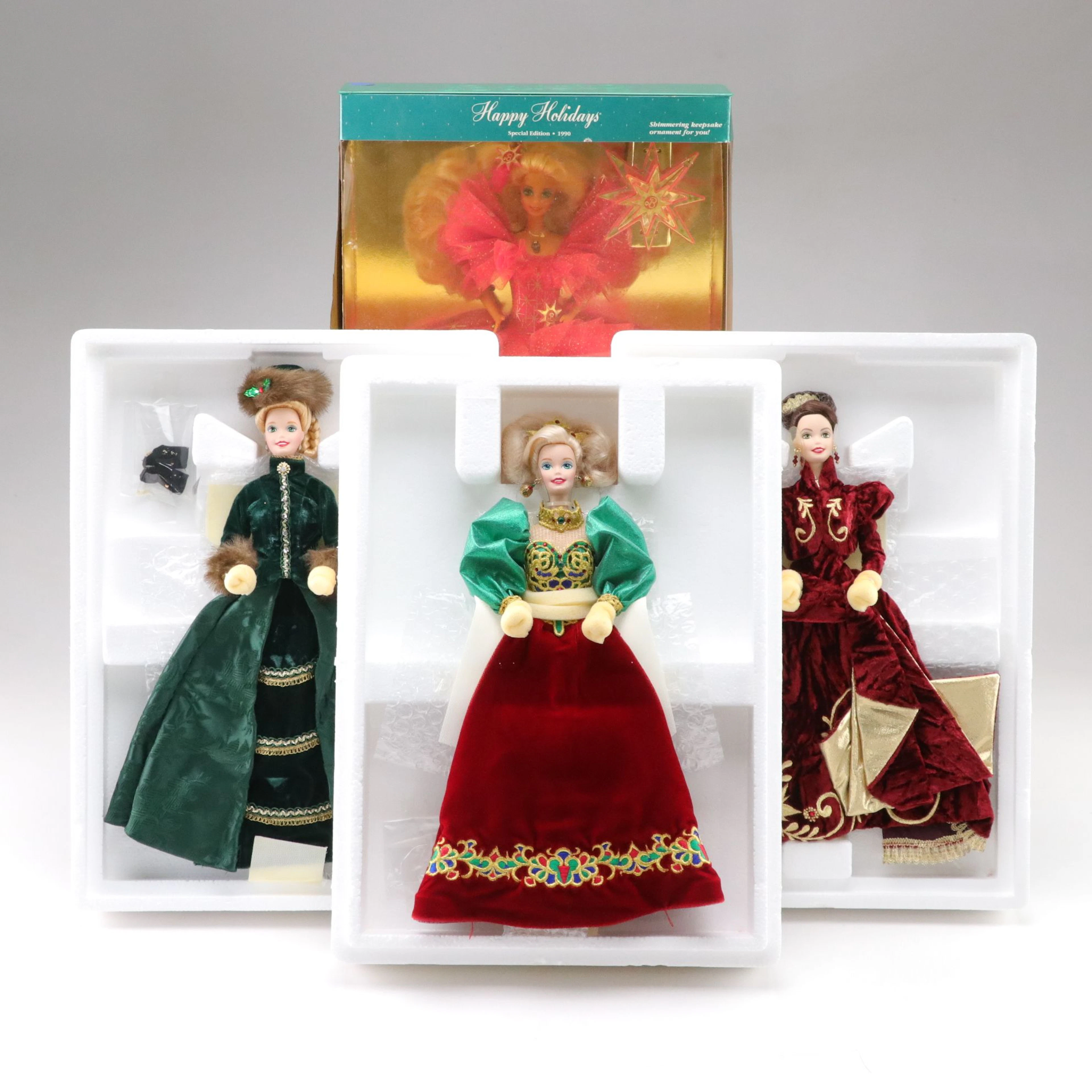 Holiday Porcelain Barbie Collection Dolls with a 1990 Happy Holidays Doll