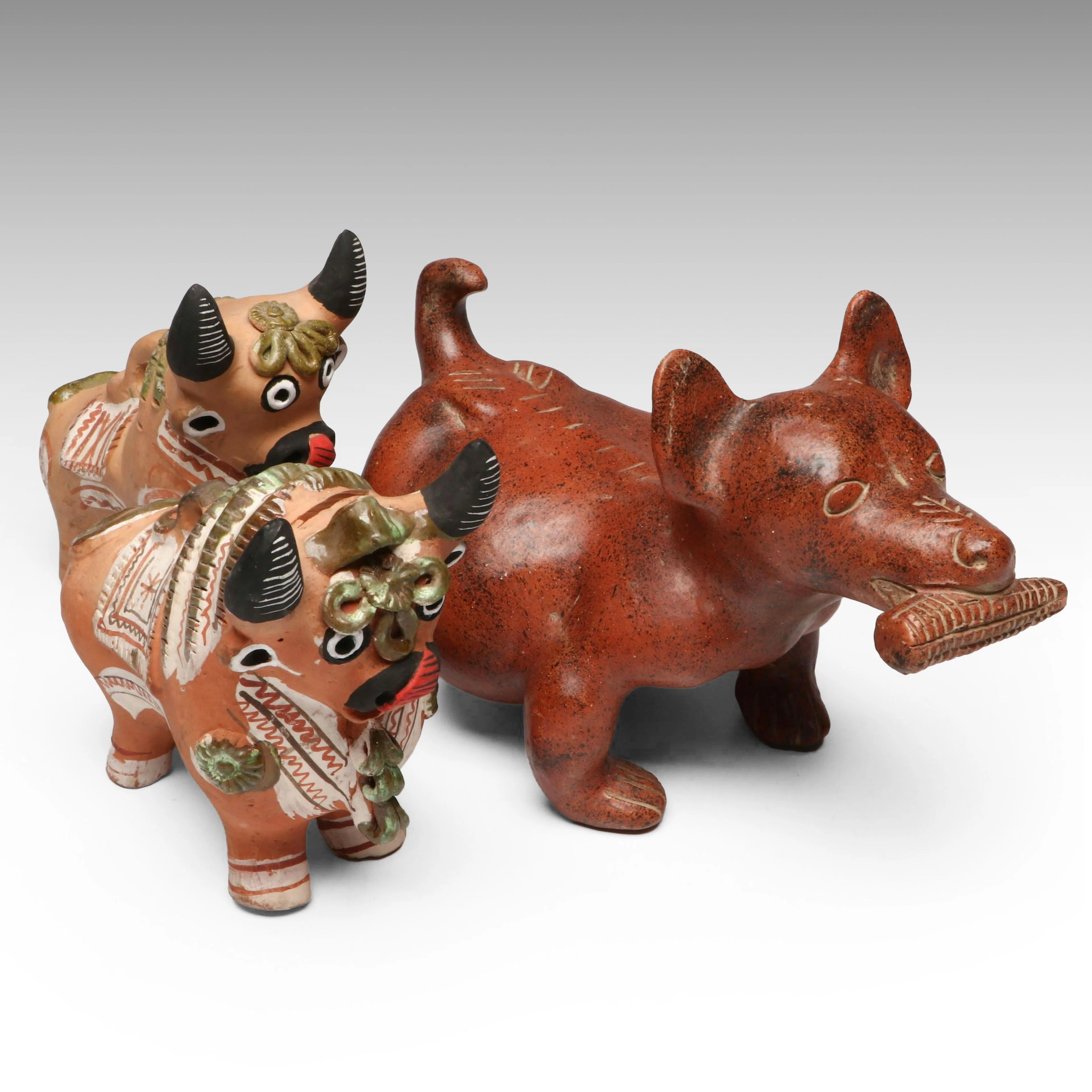 Pre-Columbian Styled Colima Dog with Peruvian Folk Art Pucará Bulls