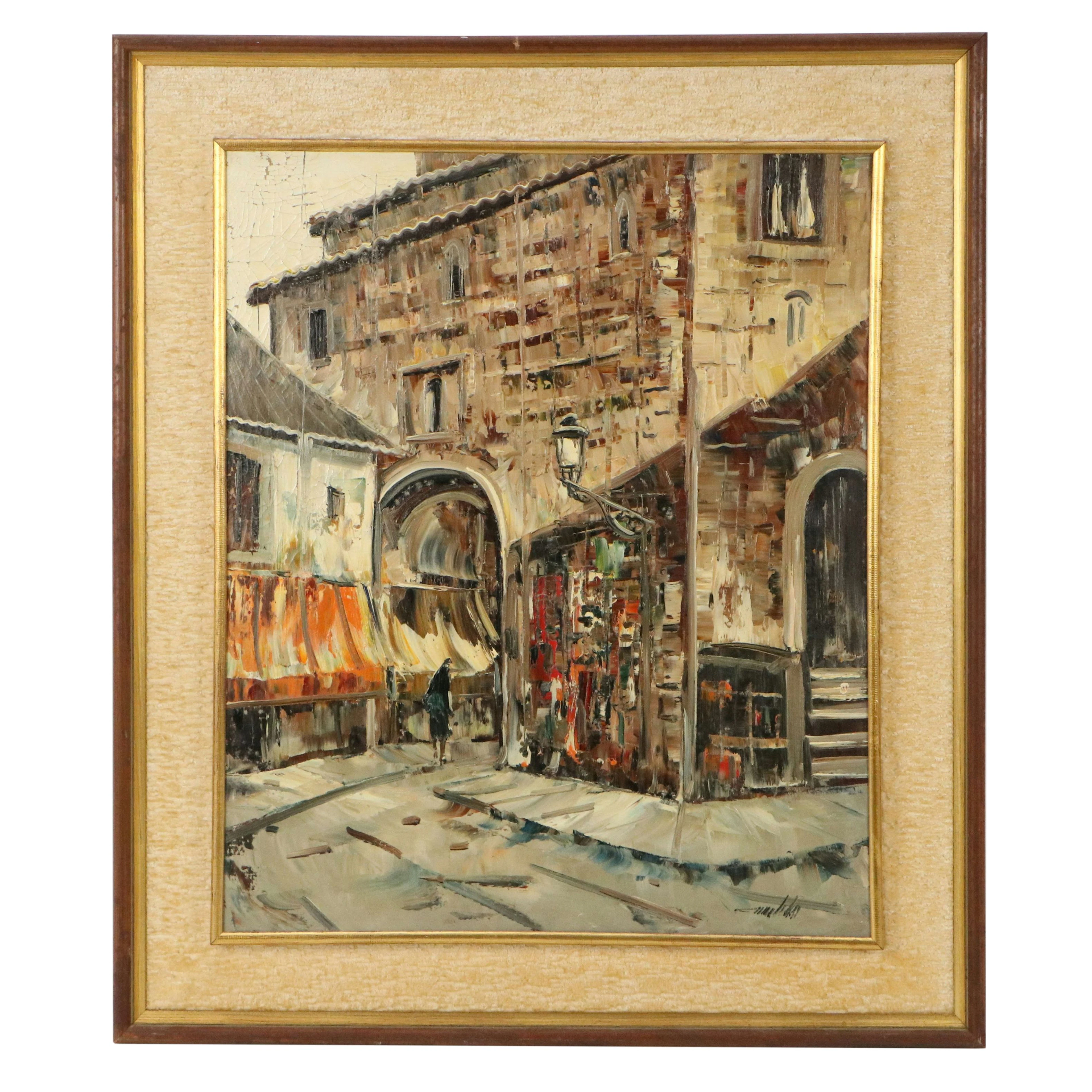 Spanish Street Scene Oil Painting, Mid-20th Century