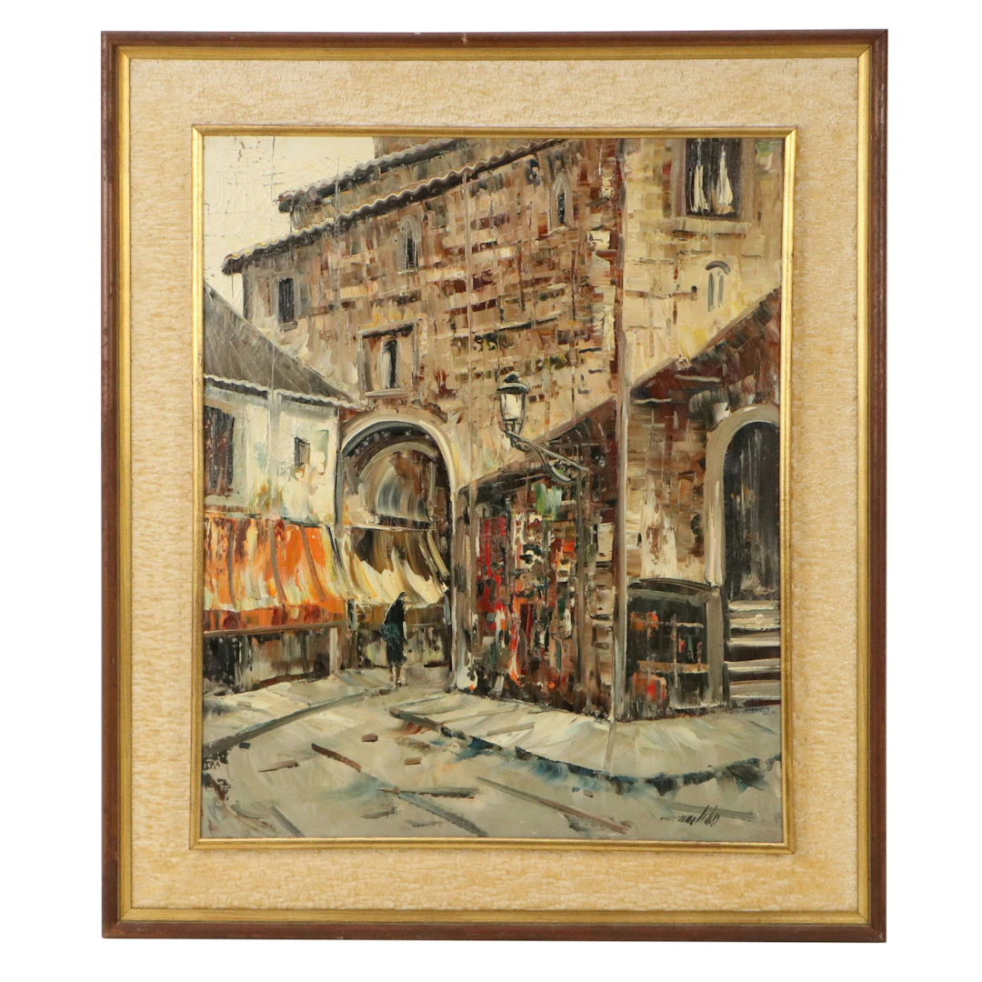Spanish Street Scene Oil Painting, Mid-20th Century