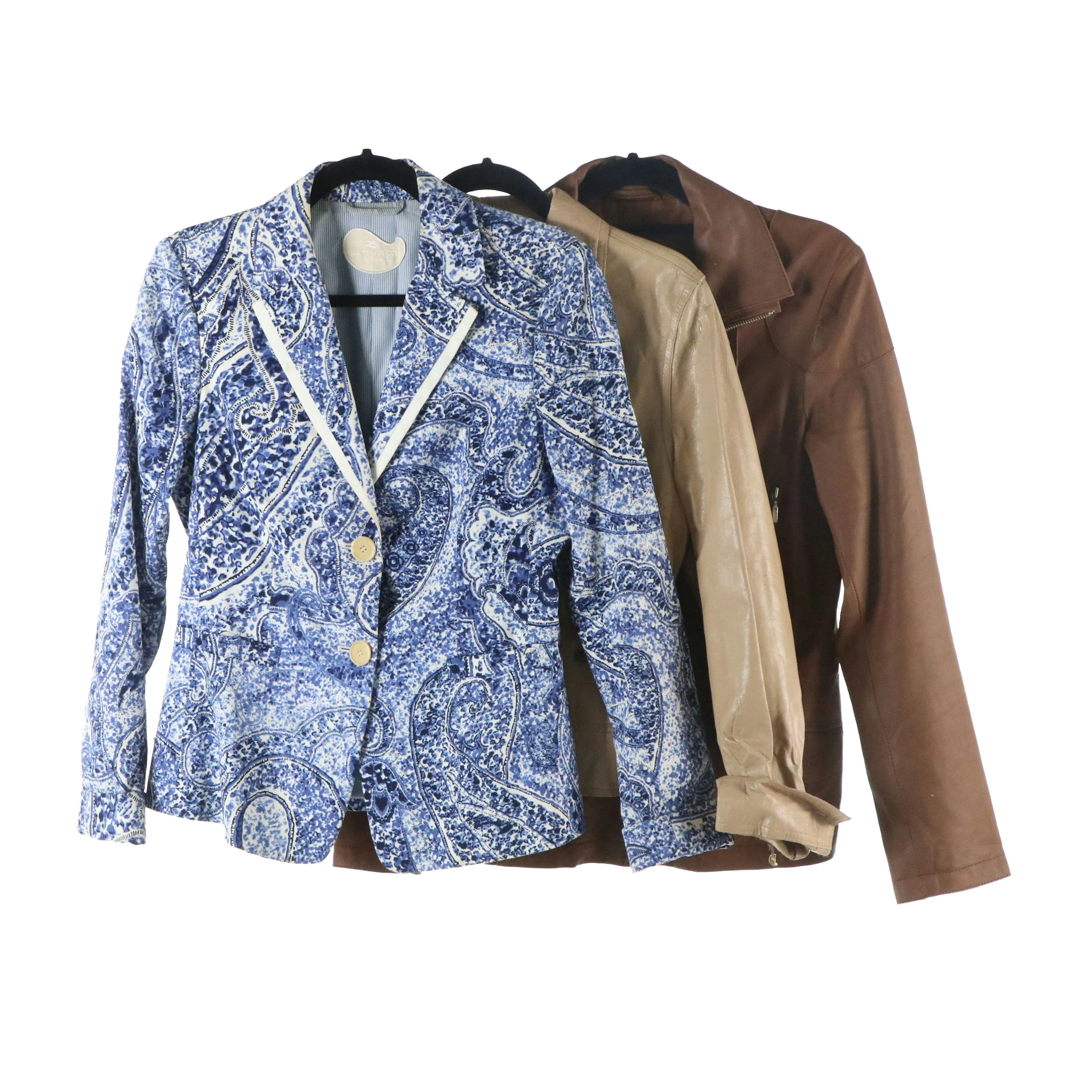 ETRO Blue Paisley Blazer with Mabrun Leather Moto and Other Leather Zip Jacket
