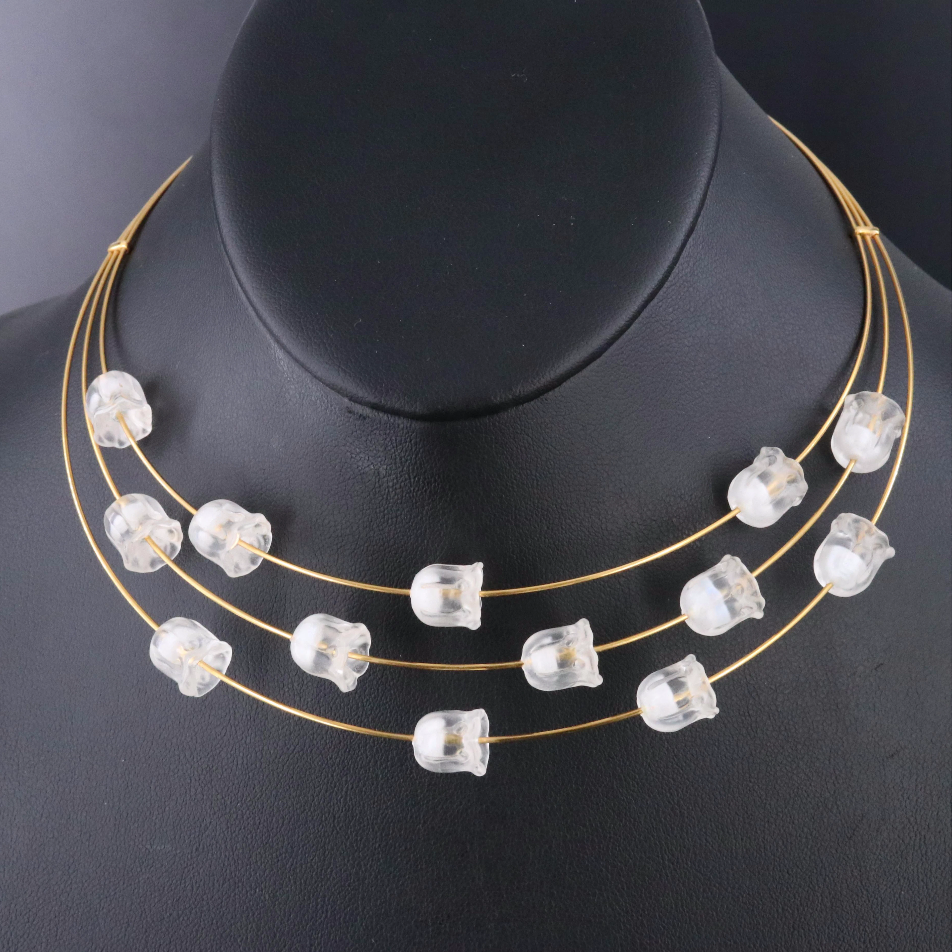 Lalique Crystal Lily of the Valley Triple Wire Necklace