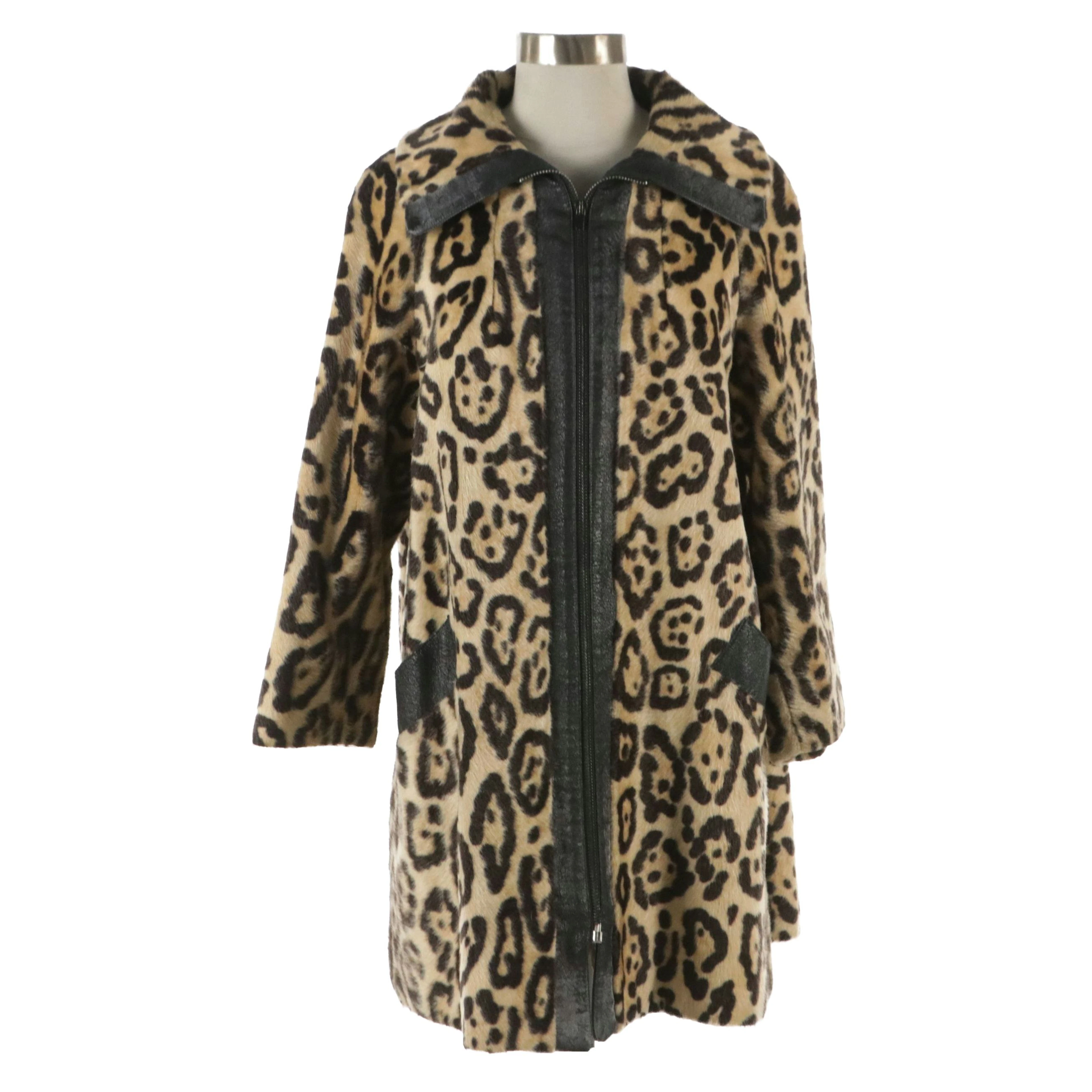 Maurice Vintage Leopard Spotted Faux Fur Coat with Leather Trim