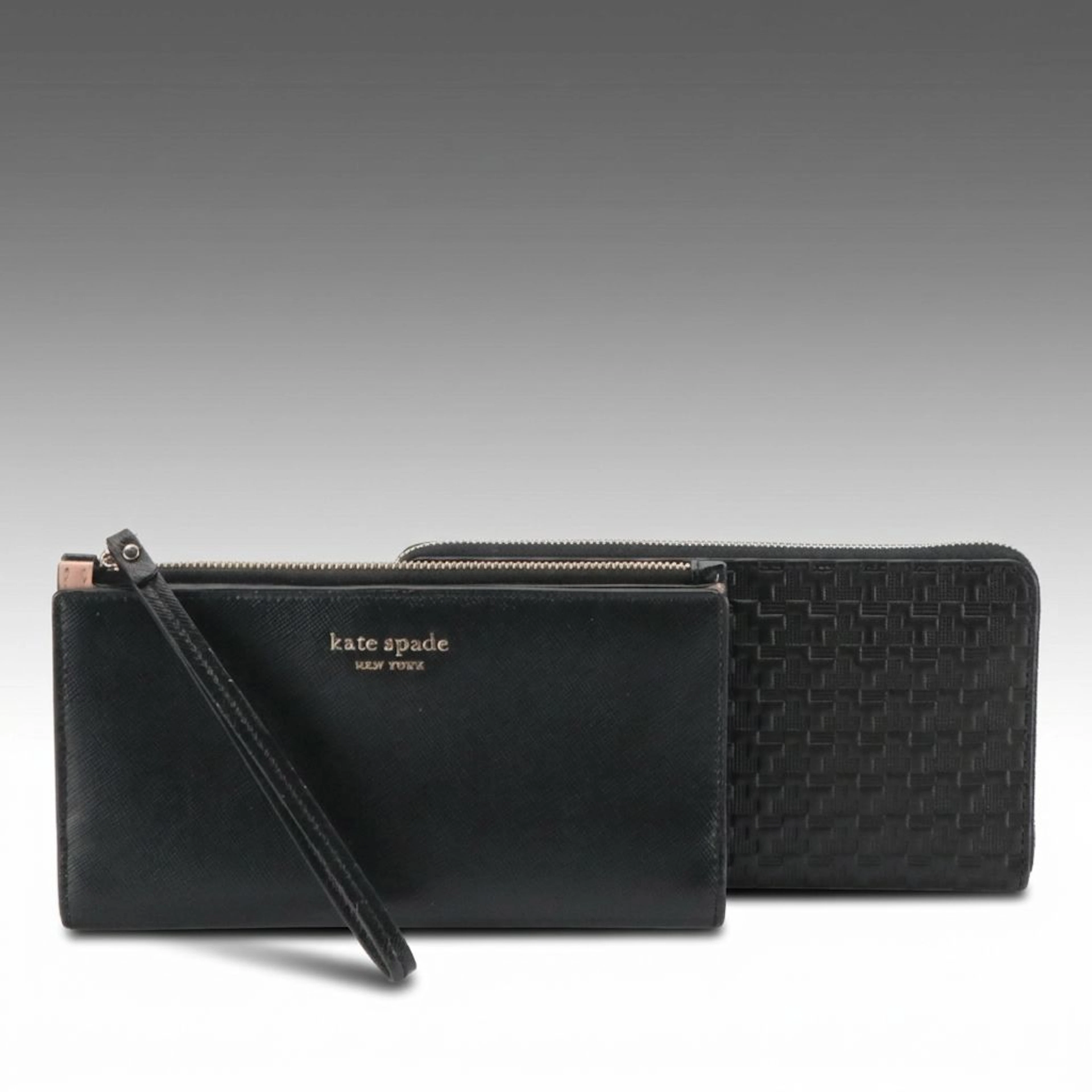 Kate Spade Black and Pink Saffiano Leather Wristlet and Theory Textured Wallet