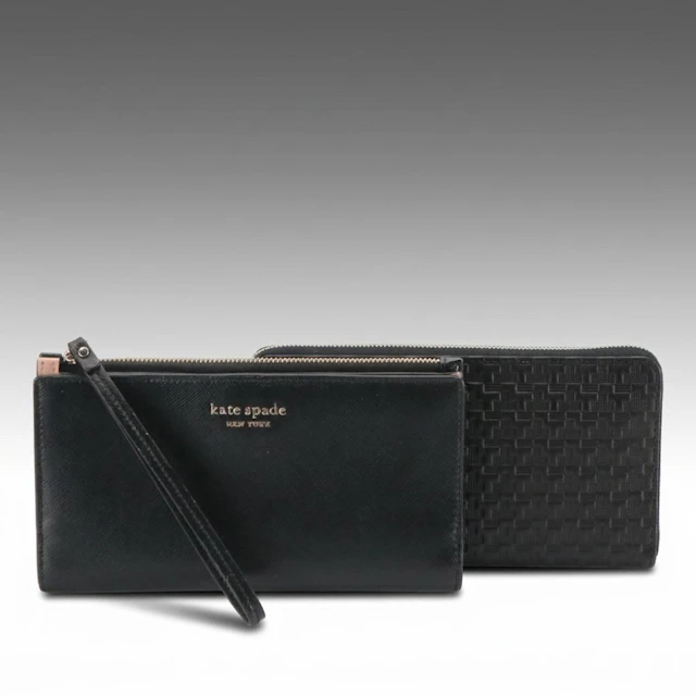 Kate Spade Black and Pink Saffiano Leather Wristlet and Theory Textured Wallet