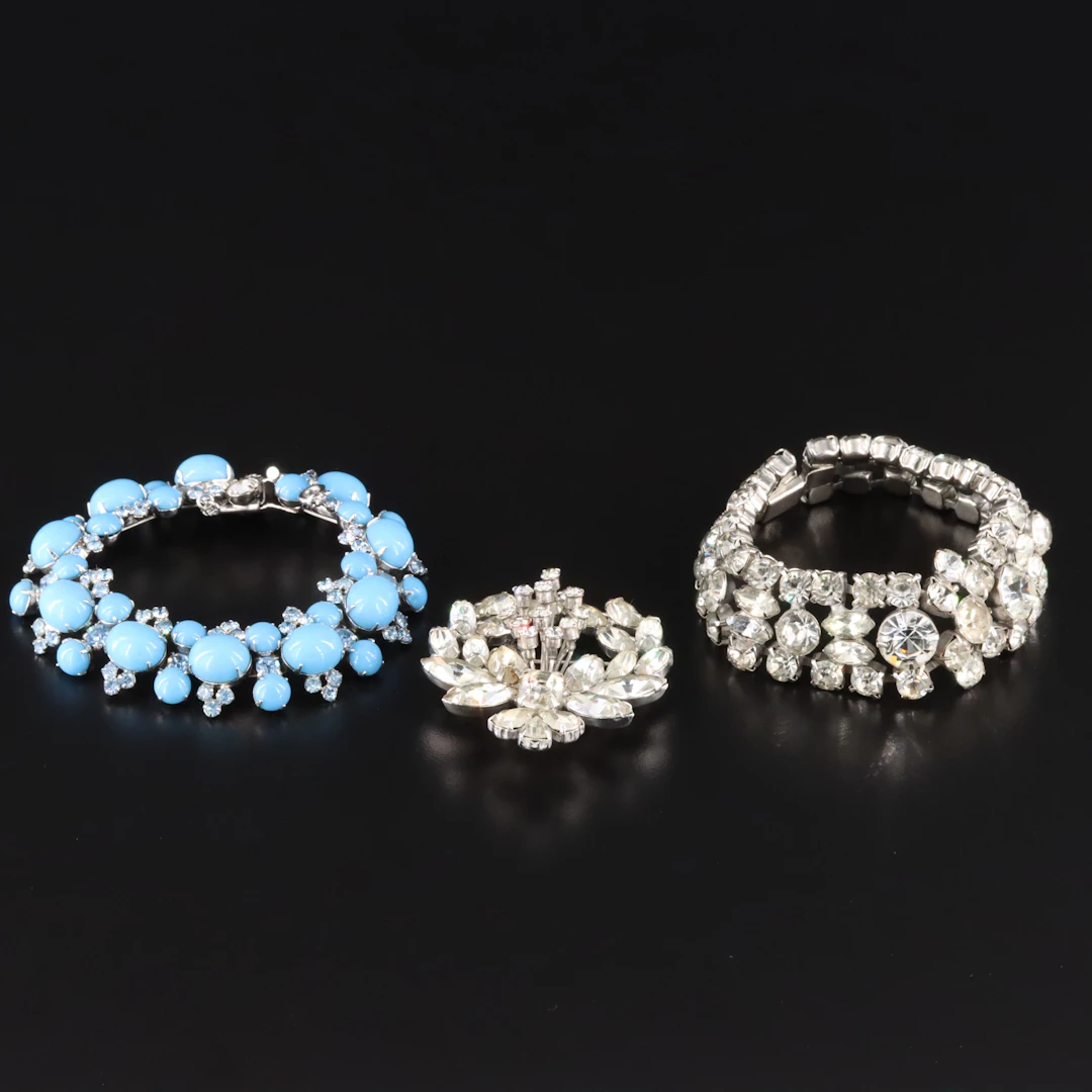 Kramer of New York Rhinestone and Glass Bracelets and Weiss Brooch