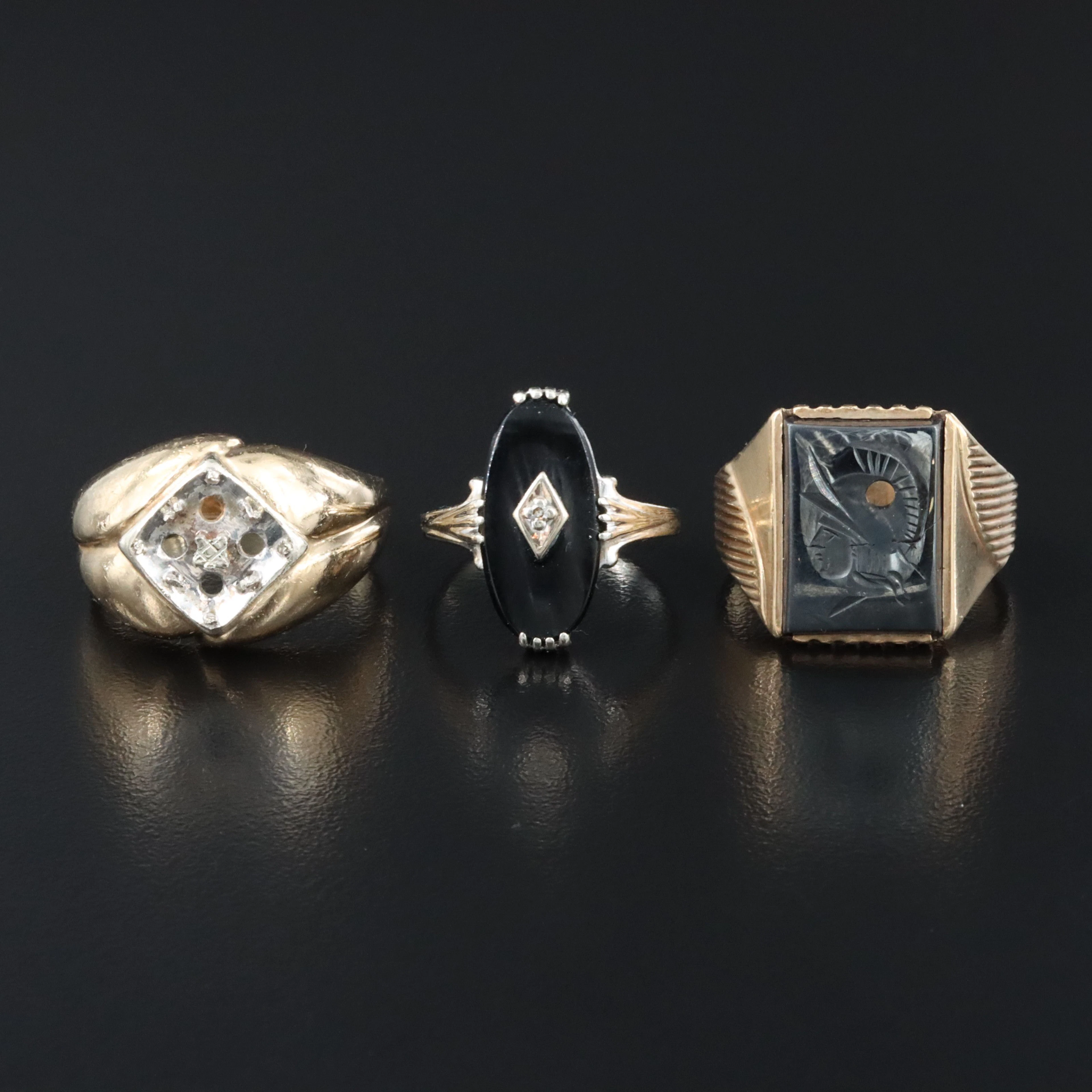 Vintage 14K & 10K Black Onyx, Diamond & Hematite Rings Repair Lot