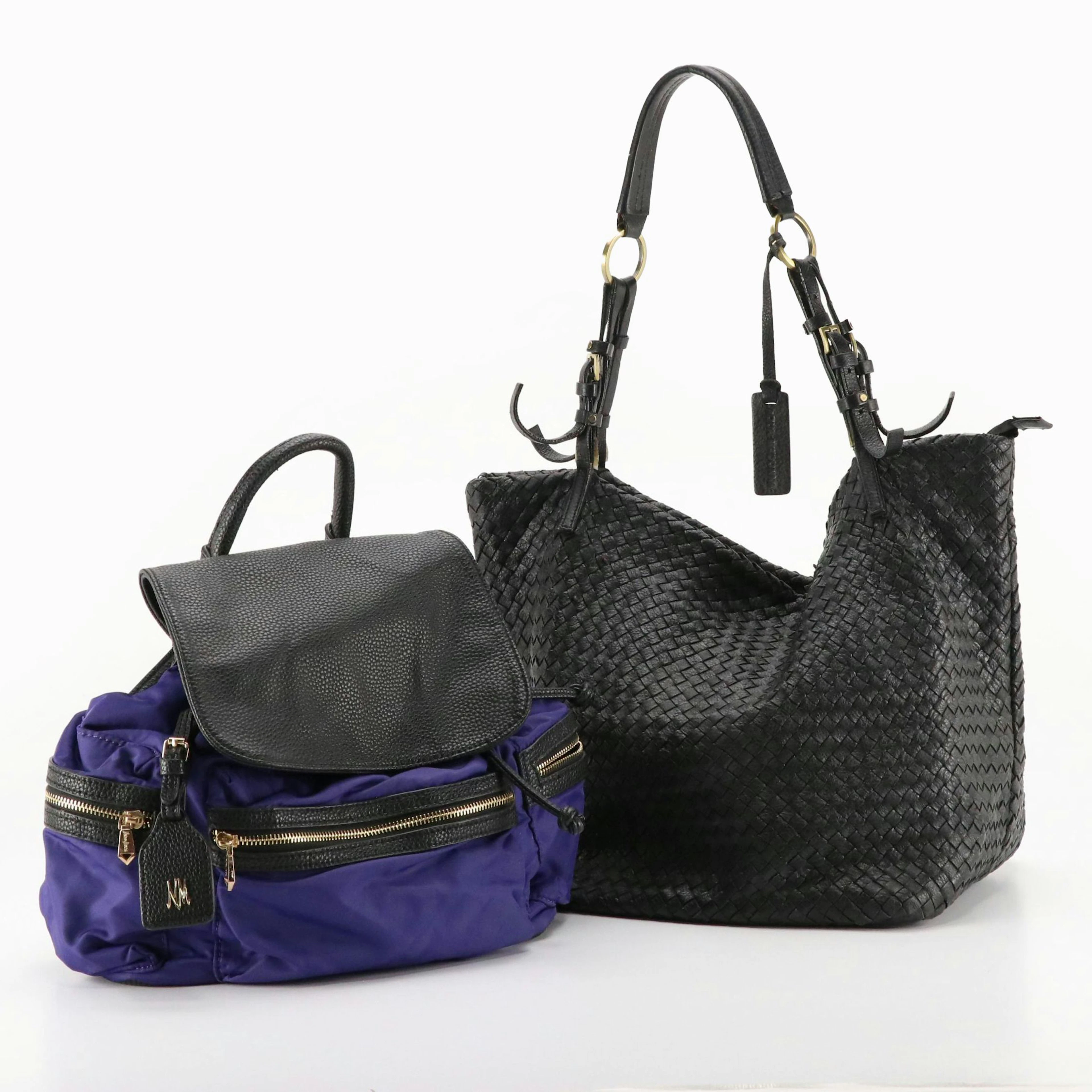 Aqua Madonna Large Woven Leather Satchel, Neiman Marcus Purple Nylon Backpack