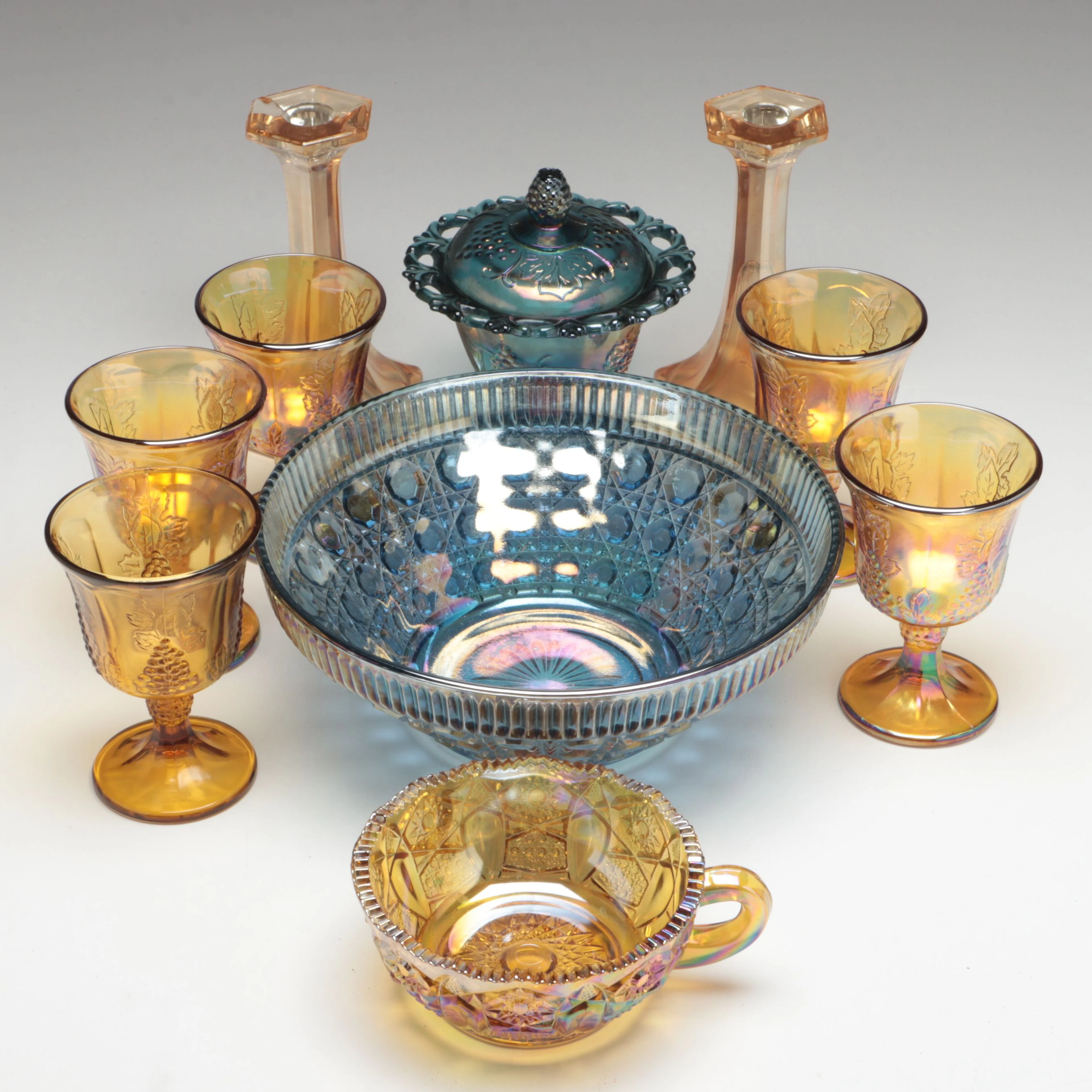 Indiana Iridescent Blue Carnival Glass "Windsor" Bowl with Other Tableware