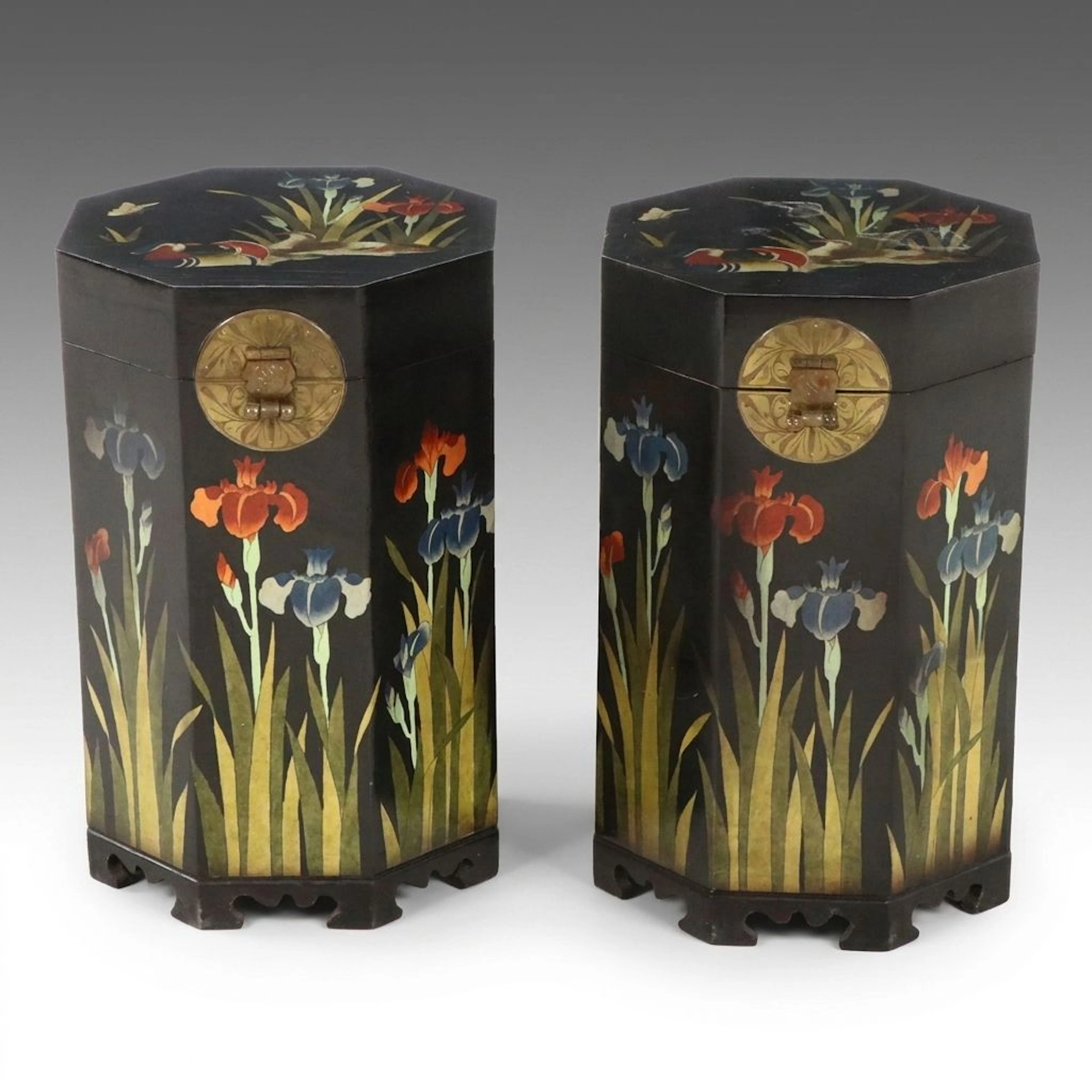 Pair of Korean Hand-Painted Hat Boxes with Woodblock Paper Linings