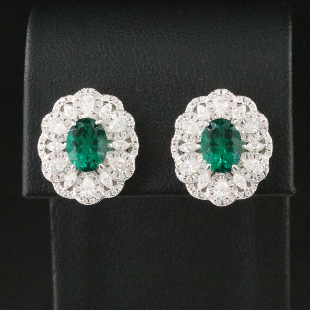 Sterling Emerald and Moissanite Button Earrings