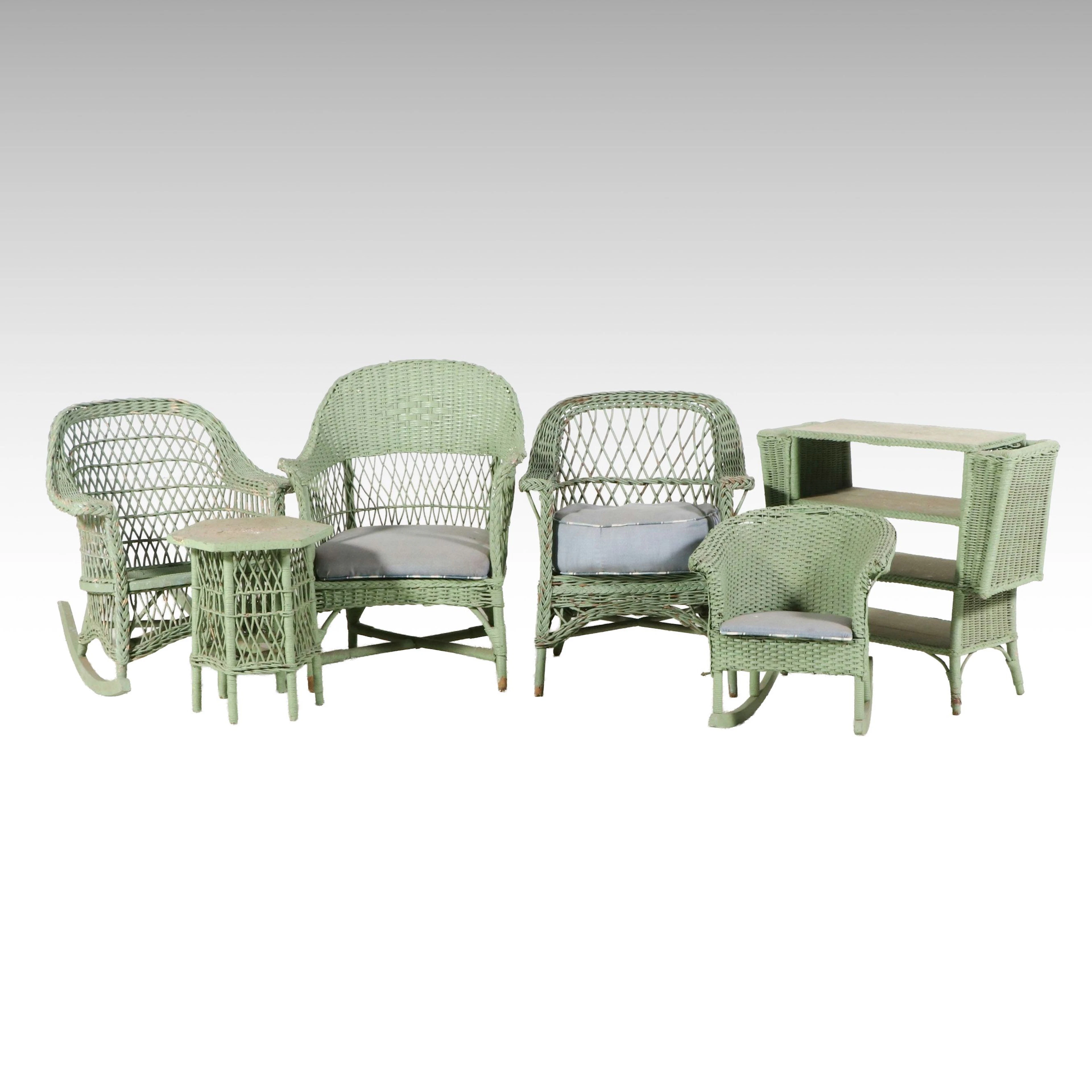 Green-Painted Wicker Rattan Patio Furniture, Late 20th Century