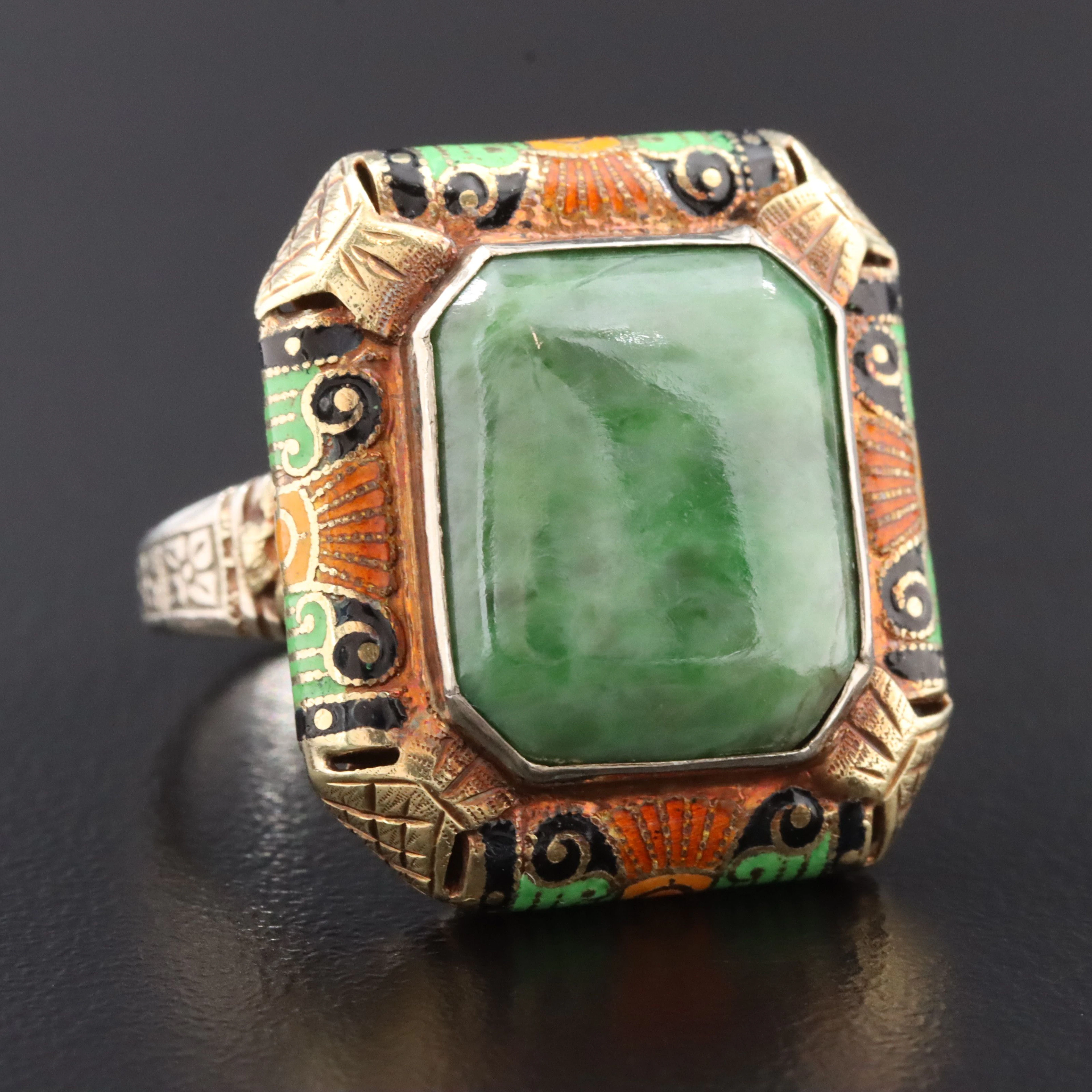 Art Deco 14K Nephrite and Enamel Ring