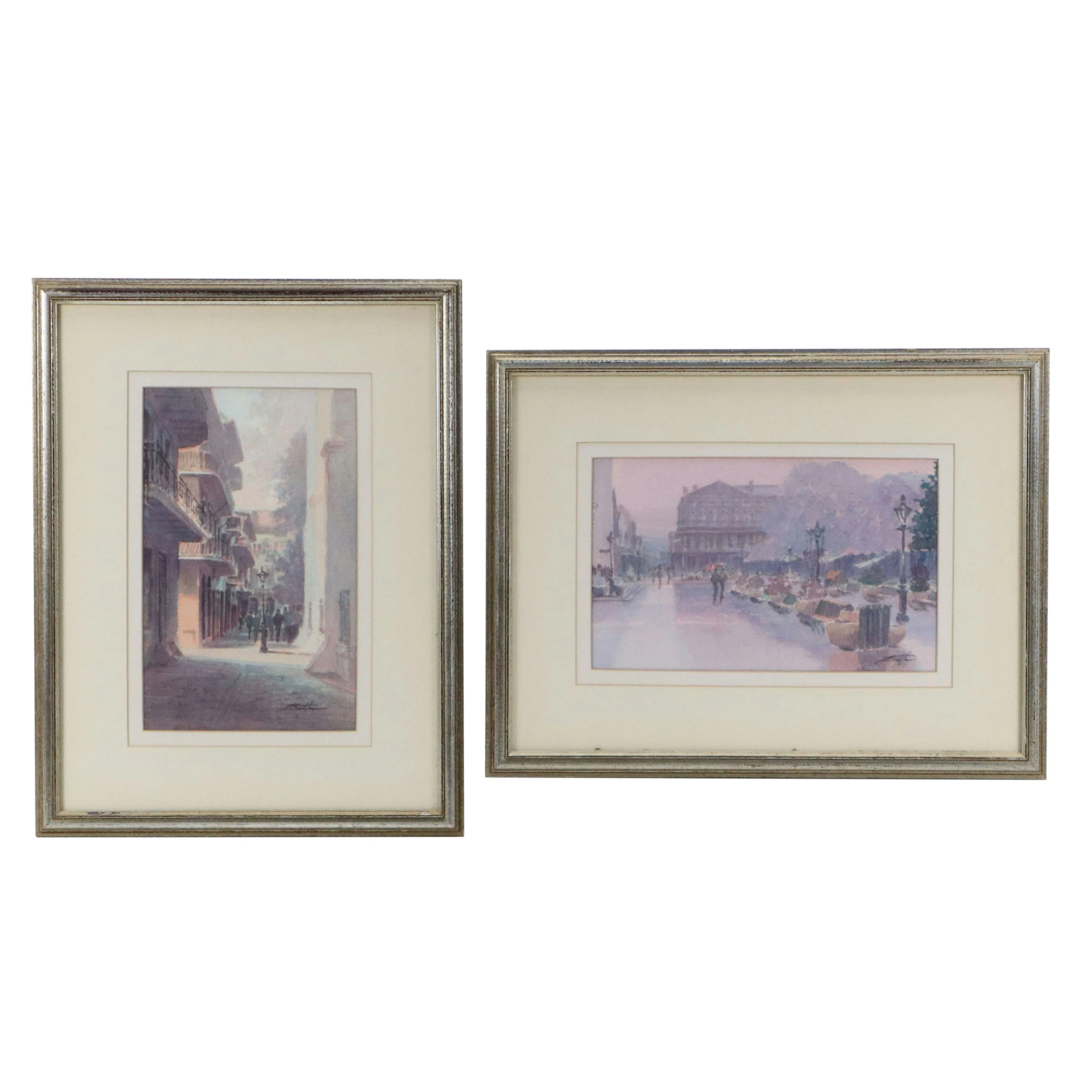 Pair of Genre Watercolor Paintings of City Street Scenes