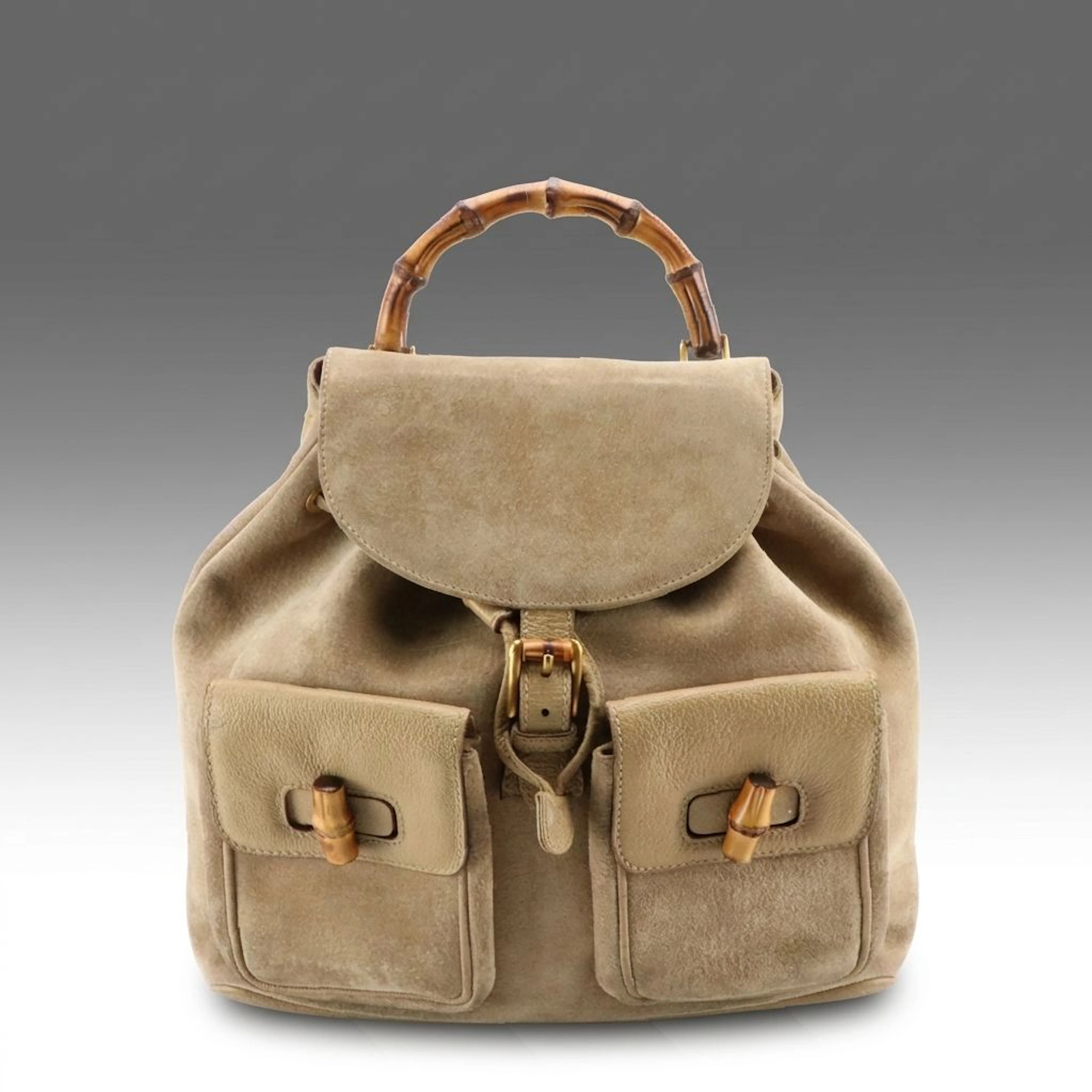 Gucci Bamboo Handle Double Pocket Drawstring Backpack in Beige Suede