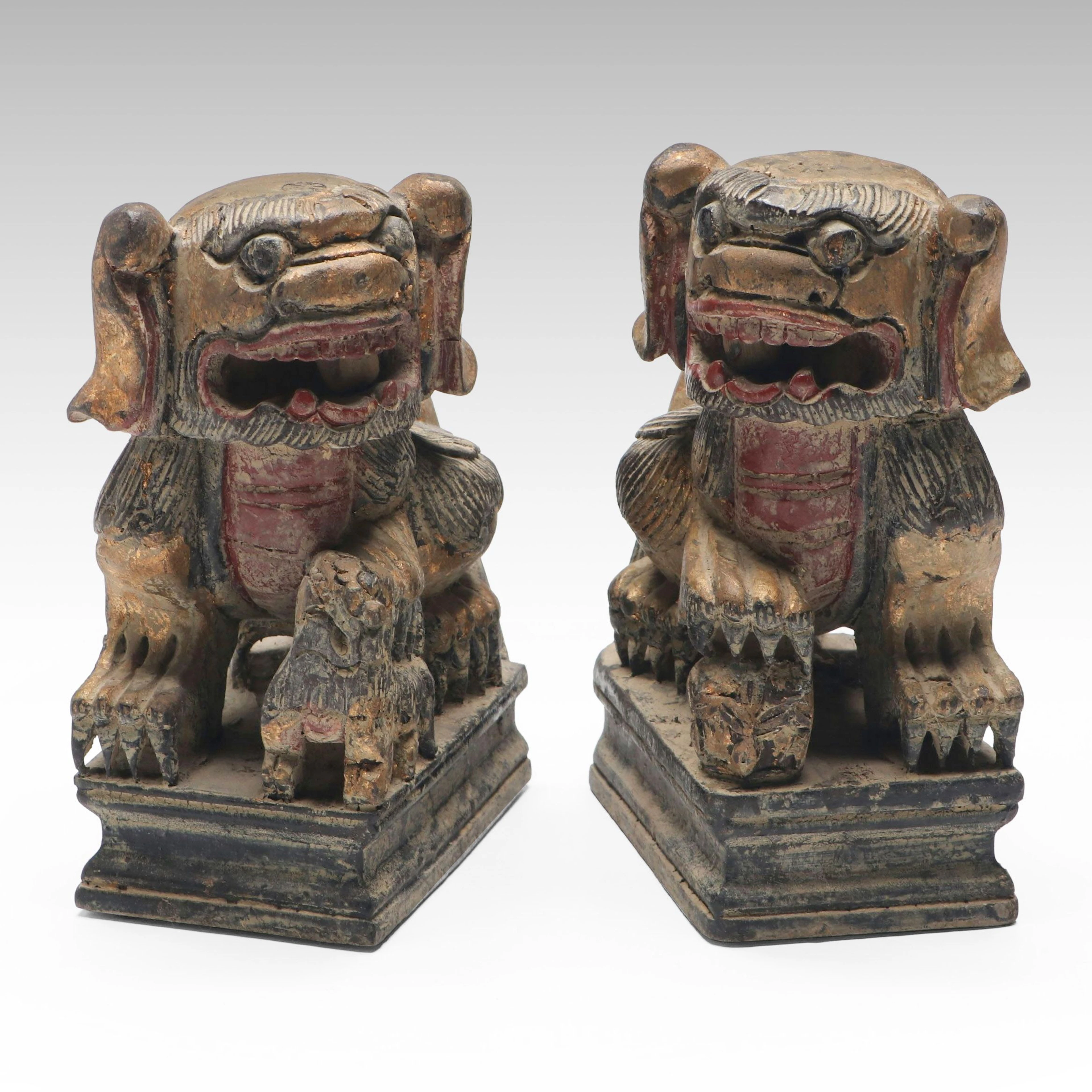 Chinese Qing Dynasty Polychrome Wood Guardian Lion Figures