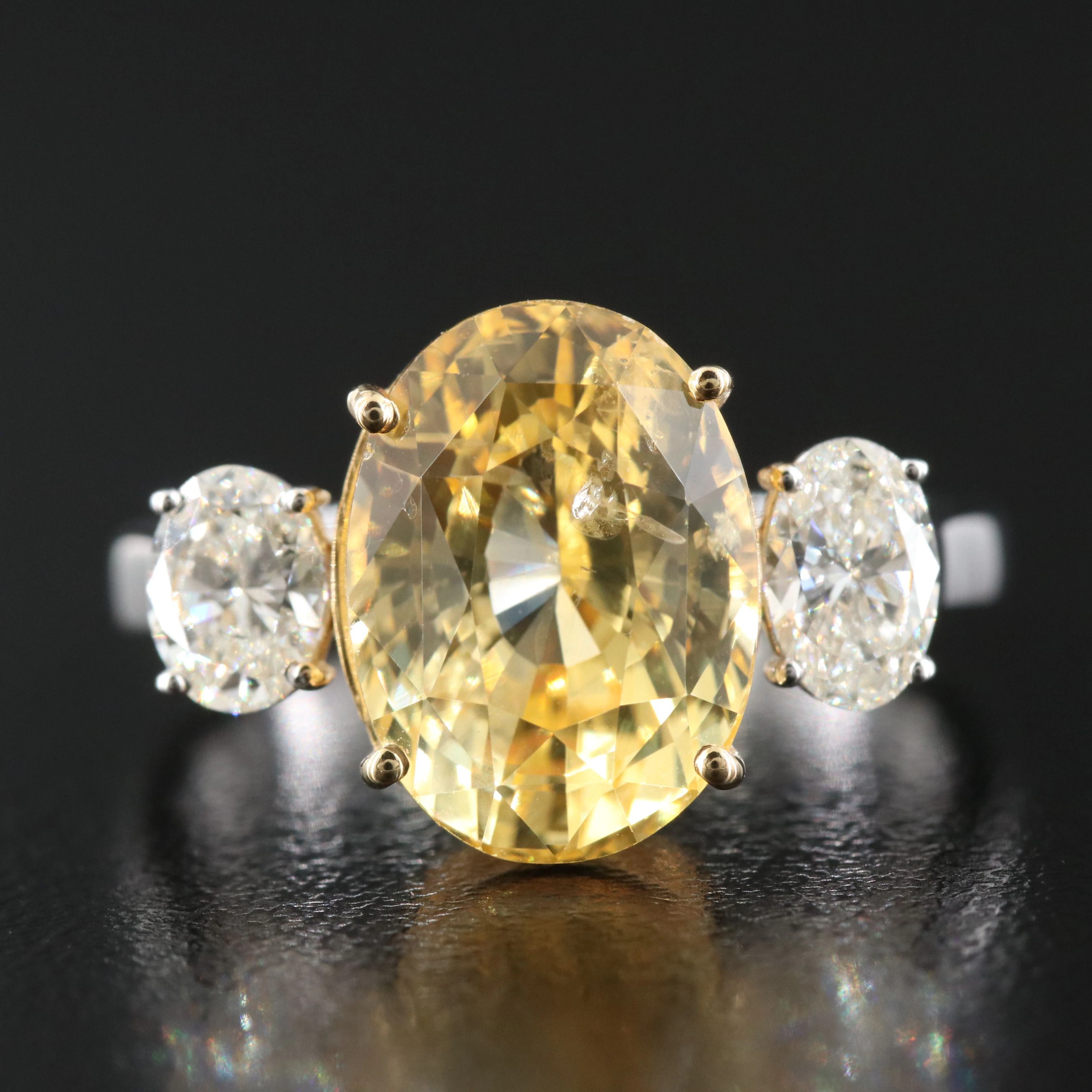 18K 5.67 CT Sri Lankan No Heat Yellow Sapphire and Diamond Ring with