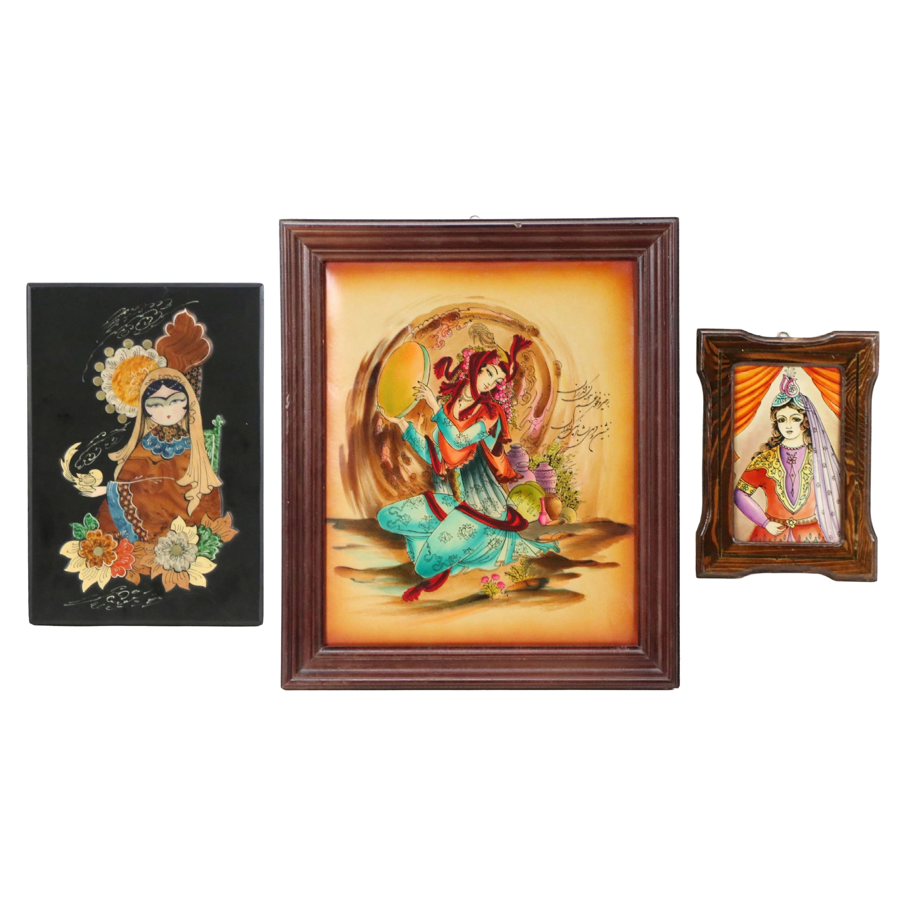 Persian Style Hand-Colored Relief Prints with Additional Iranian Marquetry
