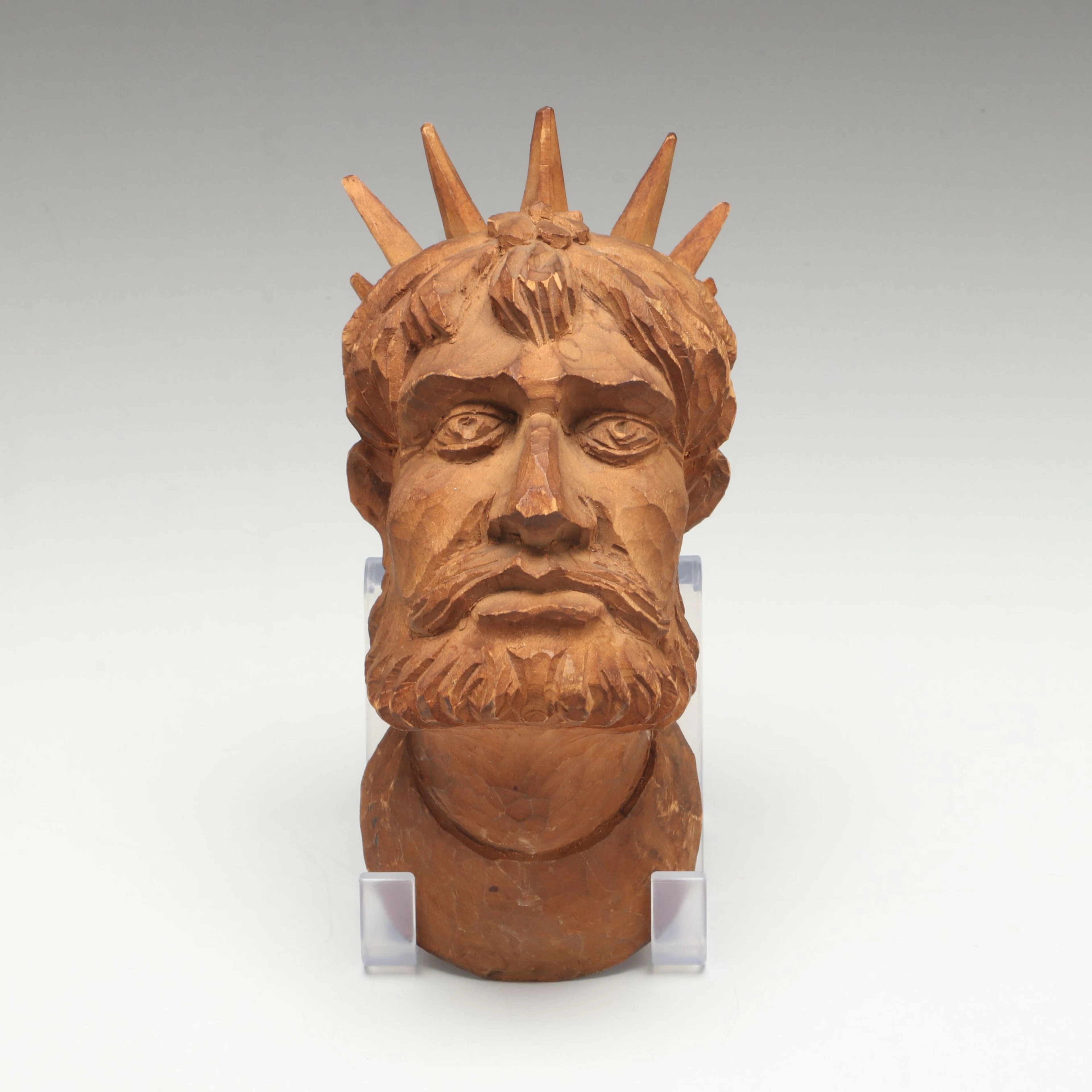 Mid-Century Hand-Carved Wood Bust of Neptune Wall Décor