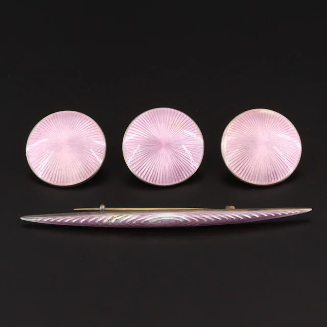 Antique Norwegian Jacob Tostrup ​Guilloché ​Enamel 950 Silver Buttons & Pin