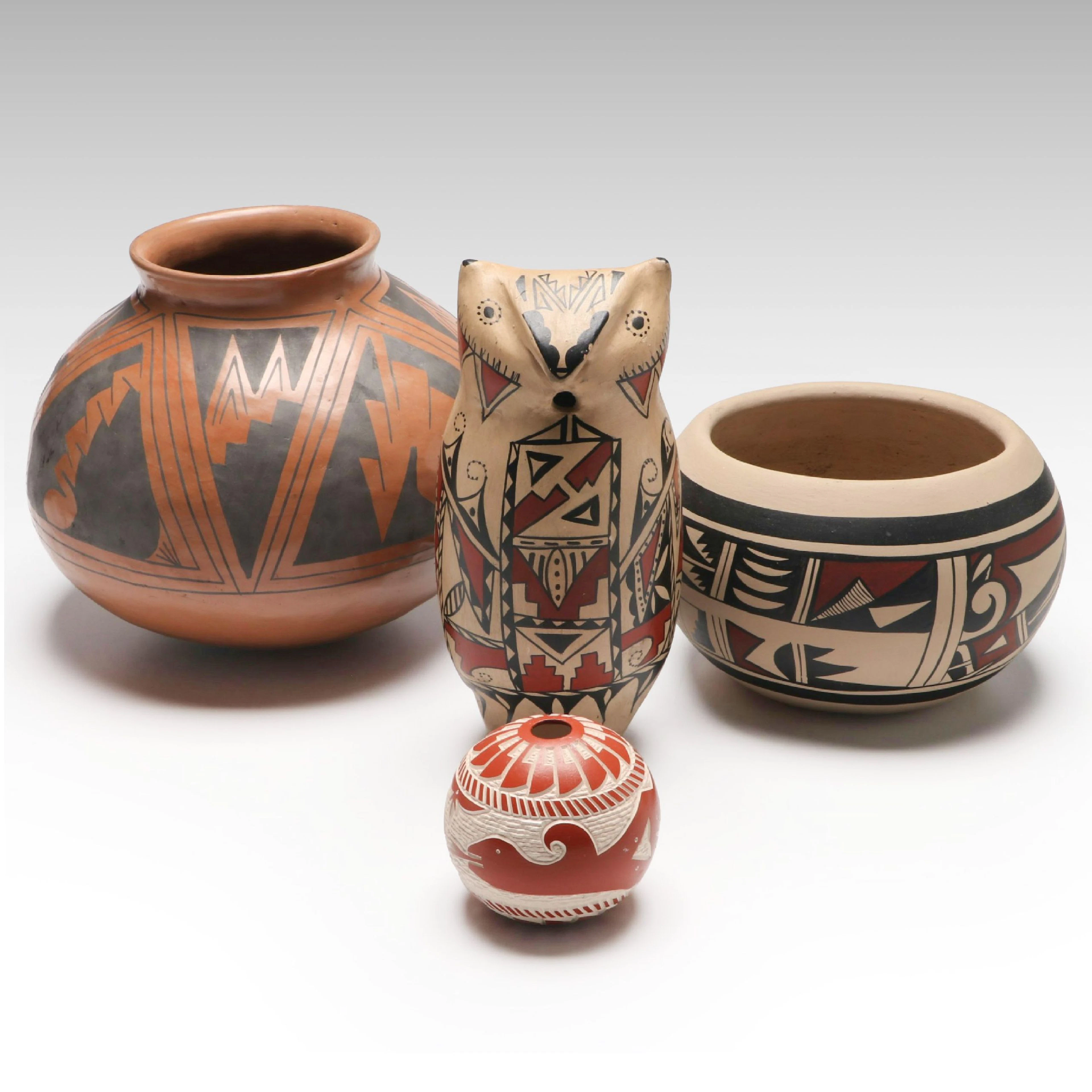 Southwestern Snake and Fan Sgraffito Seed Pot with Other Native American