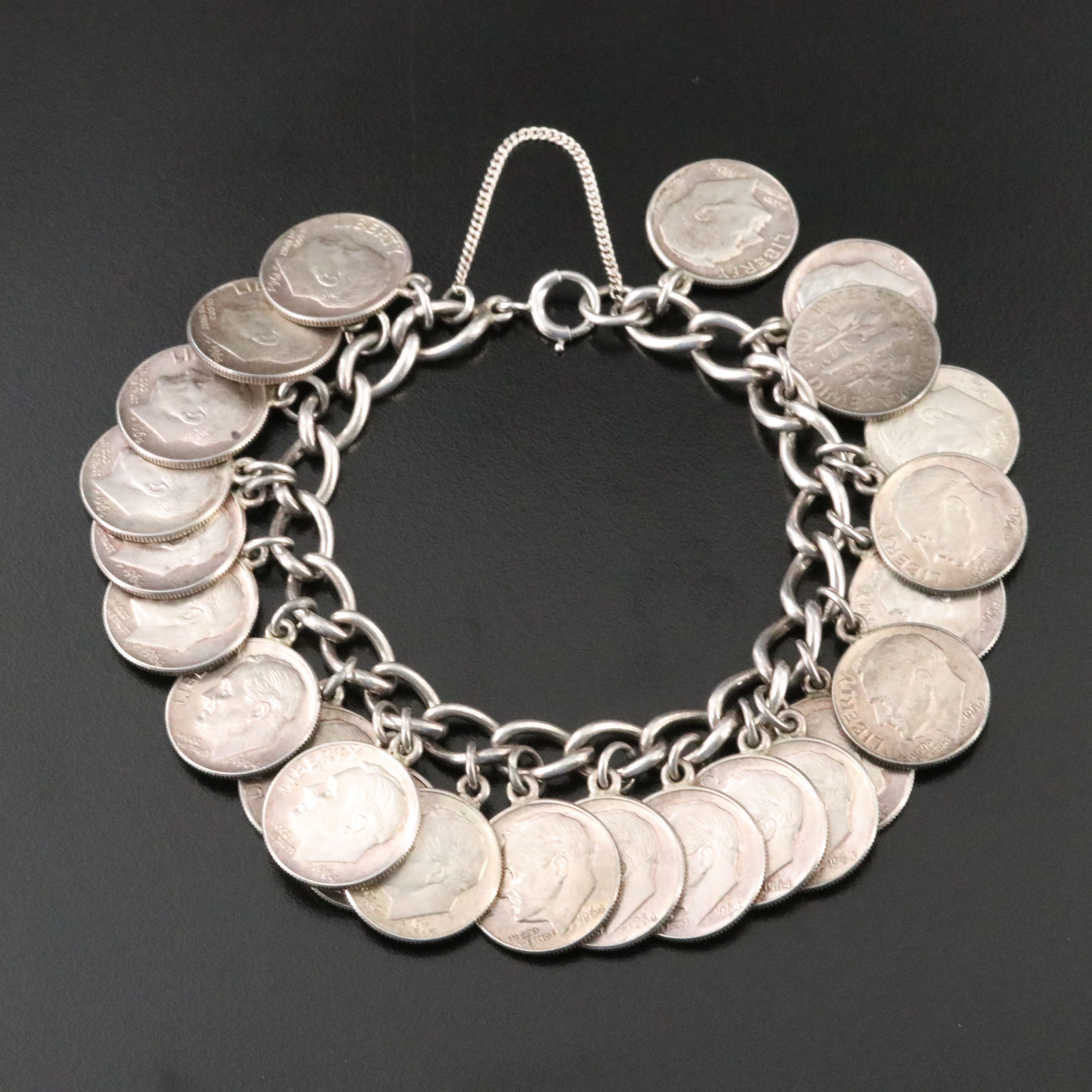 Sterling & 1964 Silver Roosevelt Dime Charm Bracelet