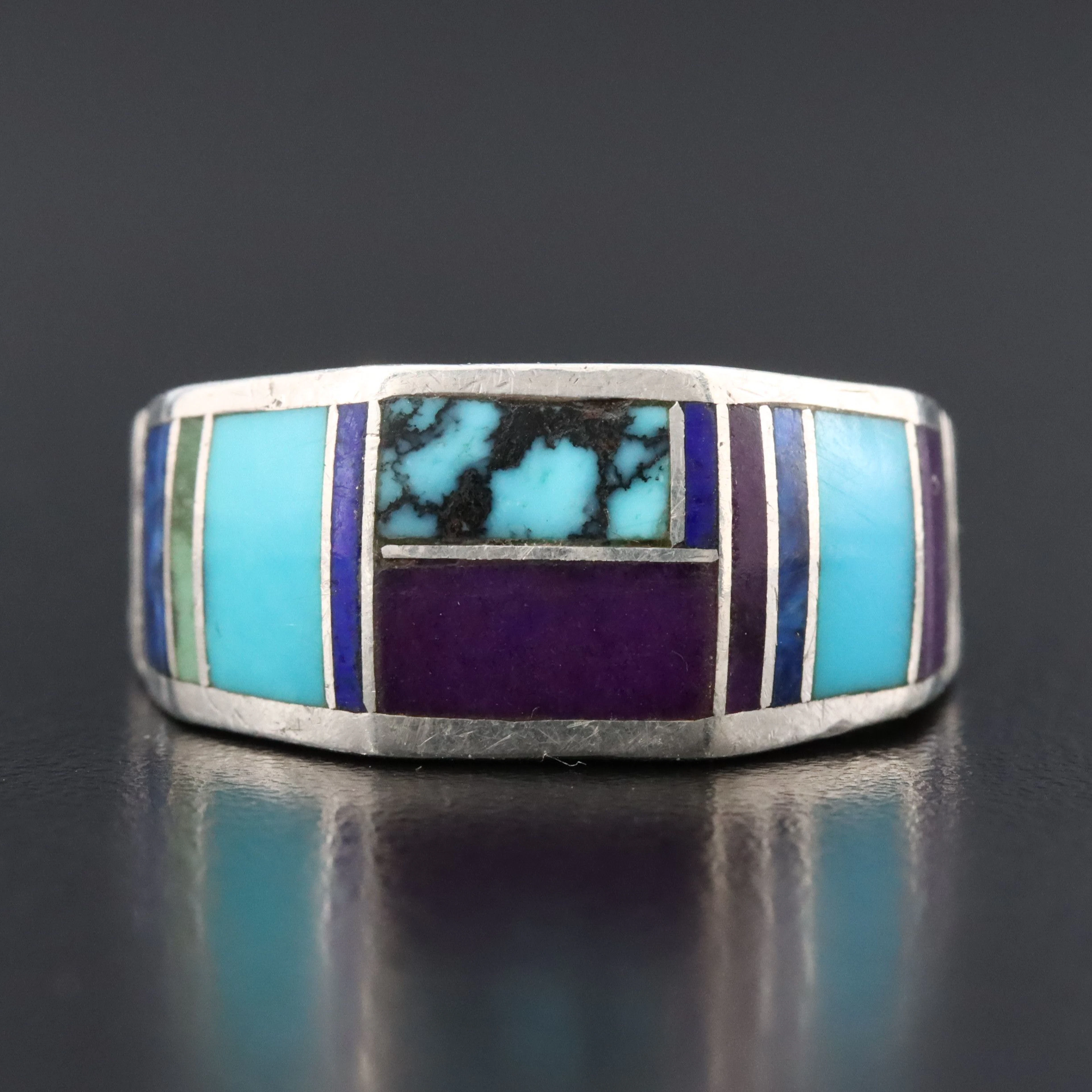 Southwestern Sterling Turquoise, Sugilite and Lapis Lazuli Inlay Ring