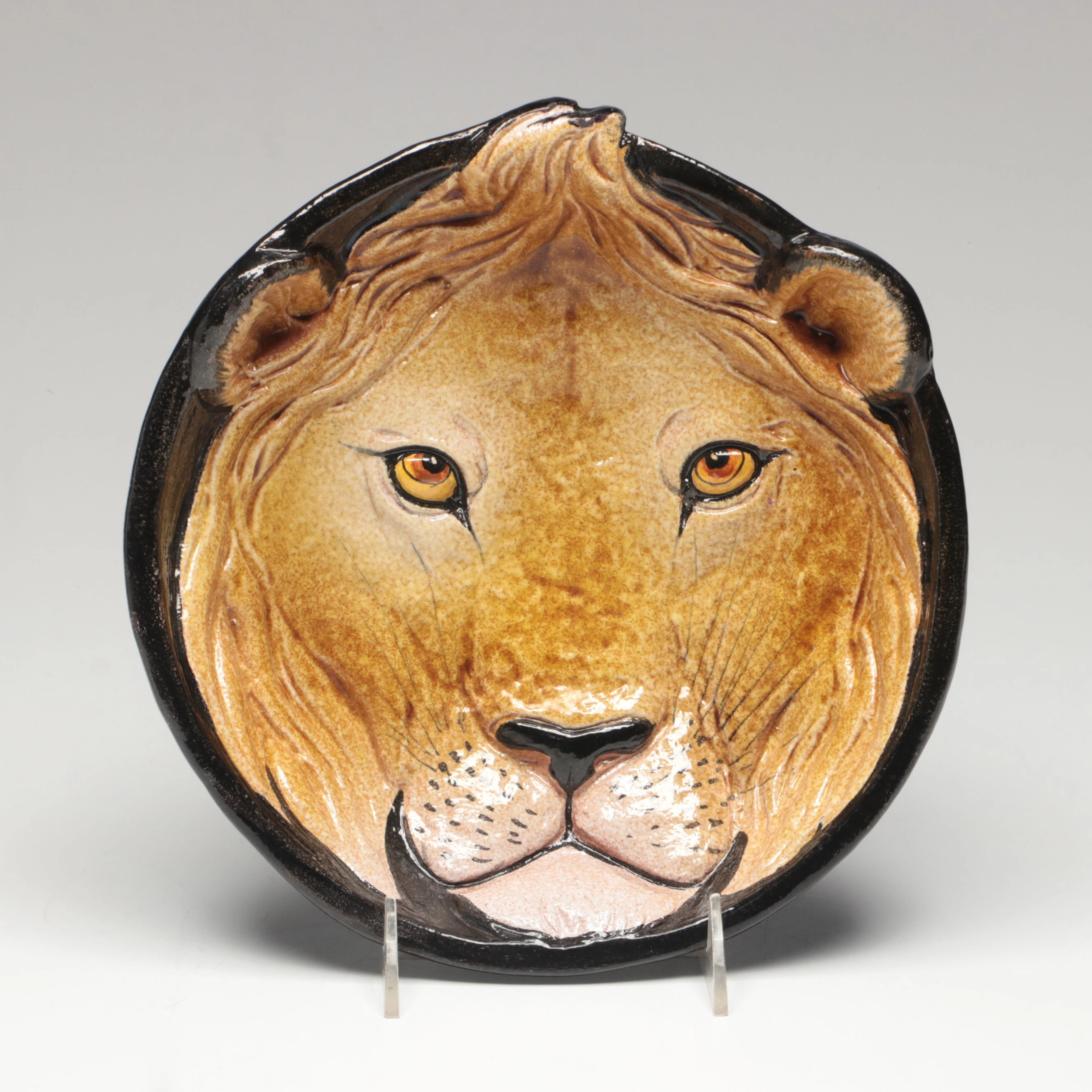 Hollywood Regency Style Italian Majolica Lion Head Decorative Bowl