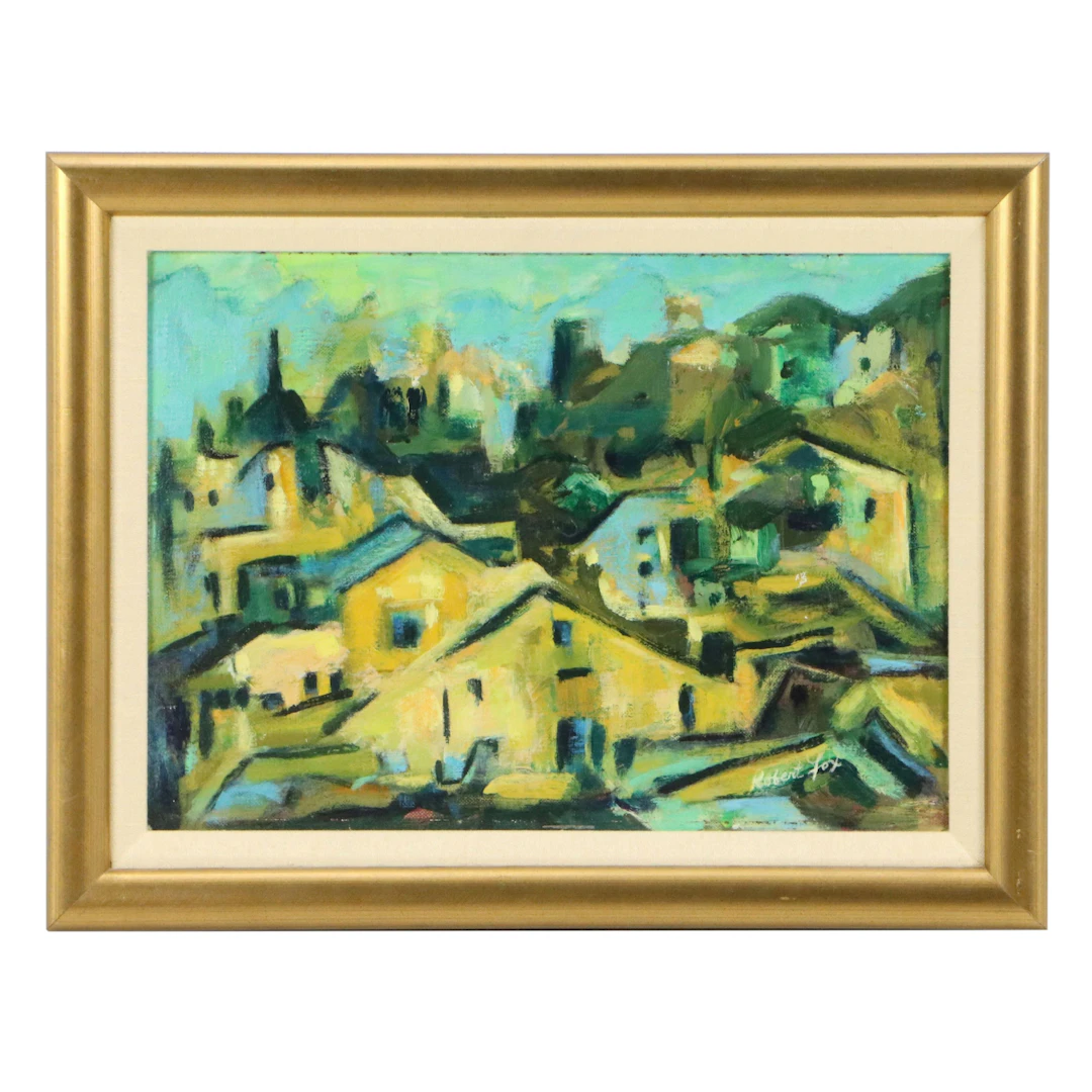 Robert E. Fox Abstract Oil Painting "Rooftops - Mt. Adams," Circa 1980