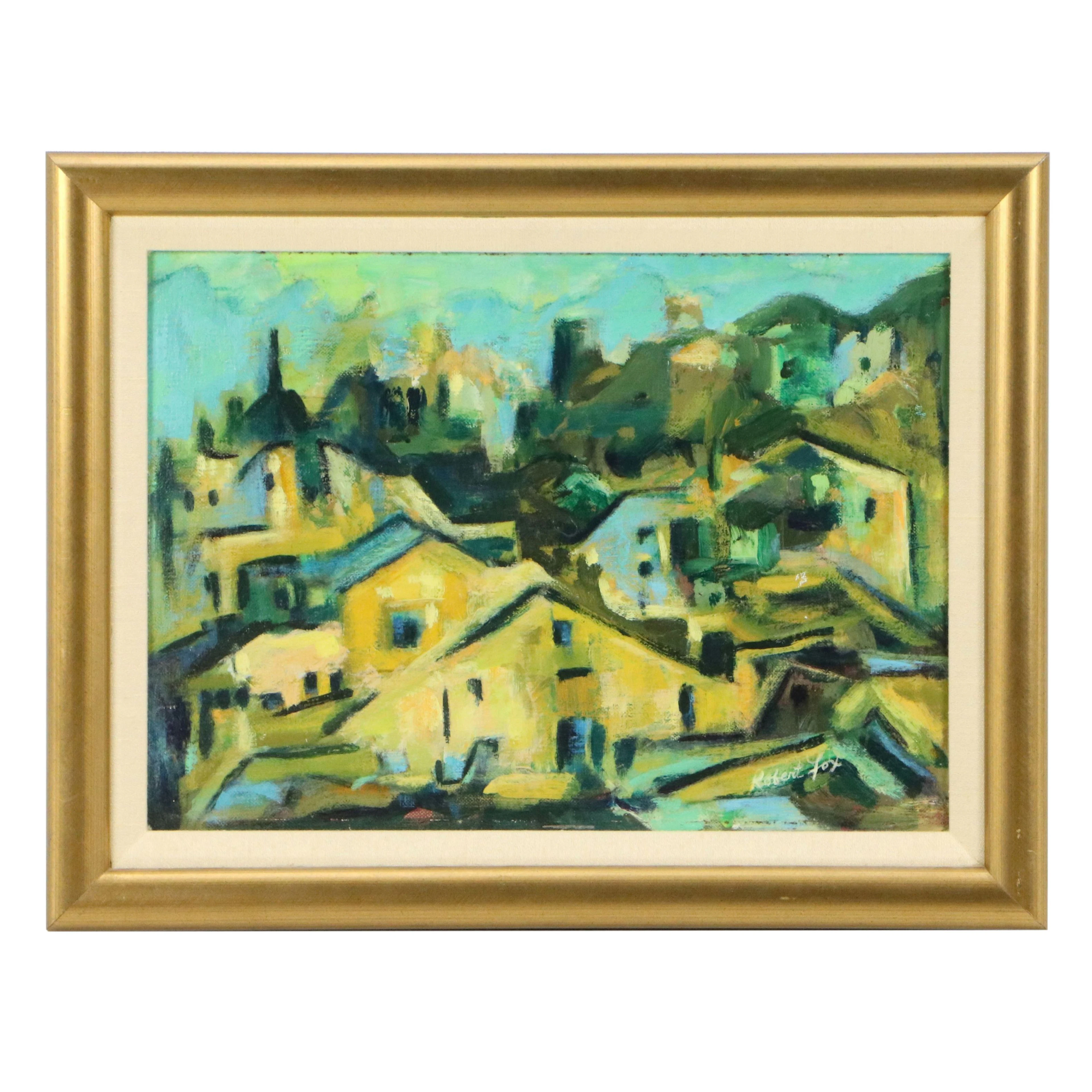 Robert E. Fox Abstract Oil Painting "Rooftops - Mt. Adams," Circa 1980