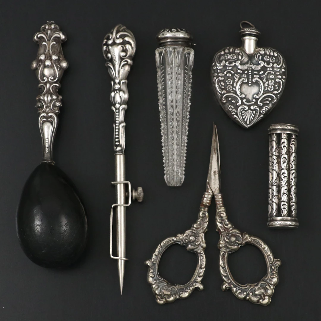 Victorian Sterling Silver Heart Perfume Bottle, Darning Egg, Awl and More