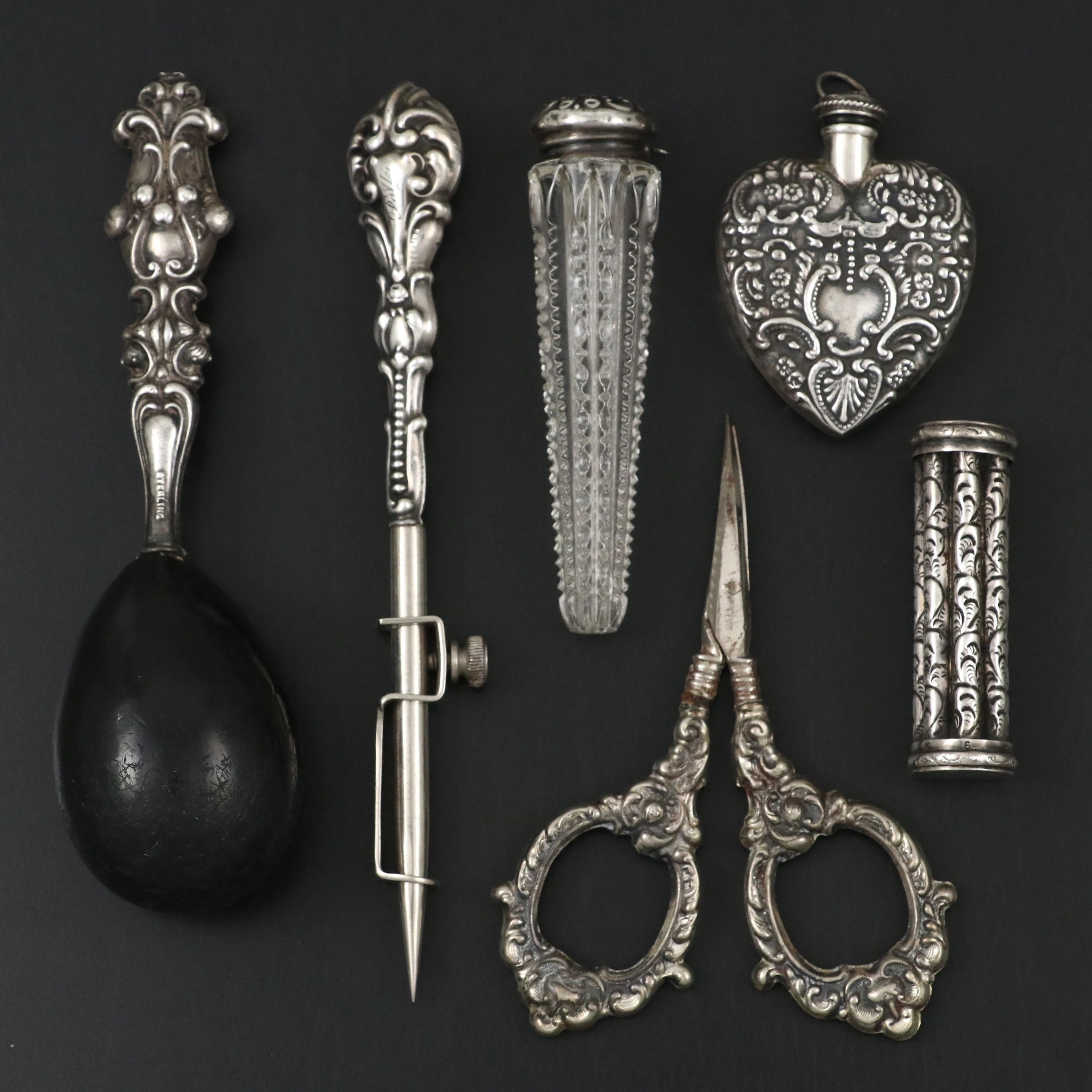 Victorian Sterling Silver Heart Perfume Bottle, Darning Egg, Awl and More