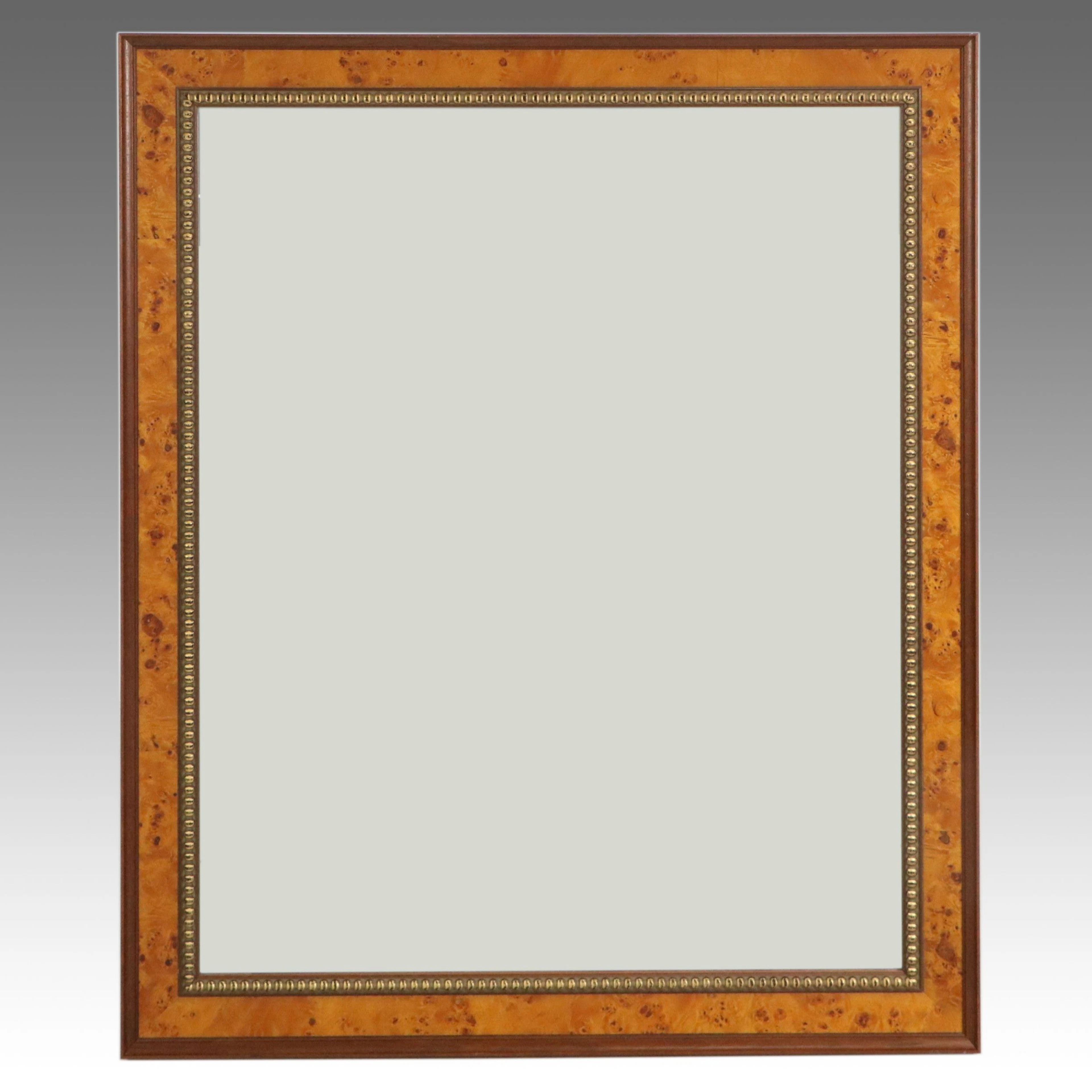 Burl Wood Veneer Wall Mirror with Beaded Trim