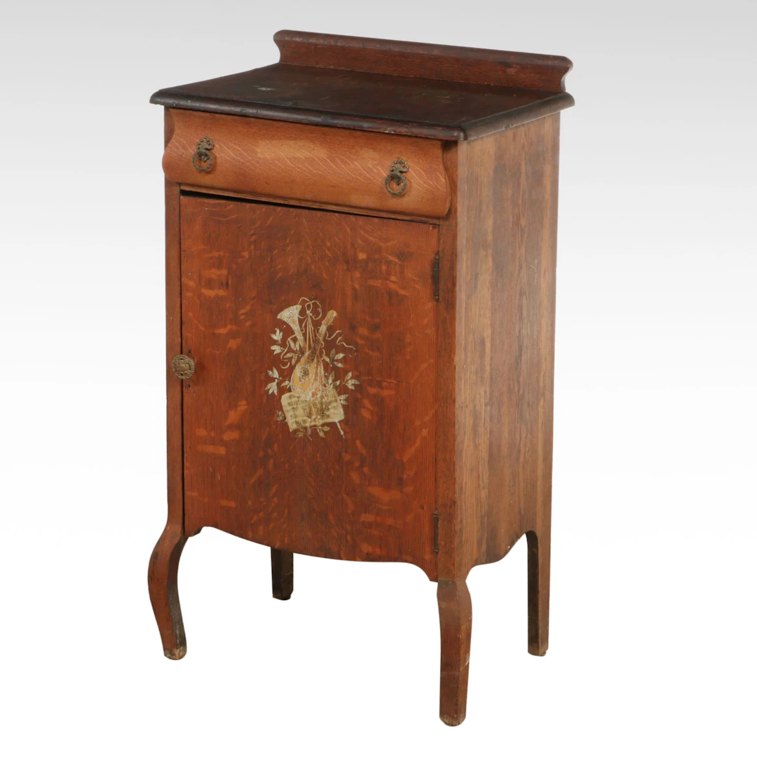 Late Victorian Tiger Oak Music Cabinet with Decorative Decal, Early