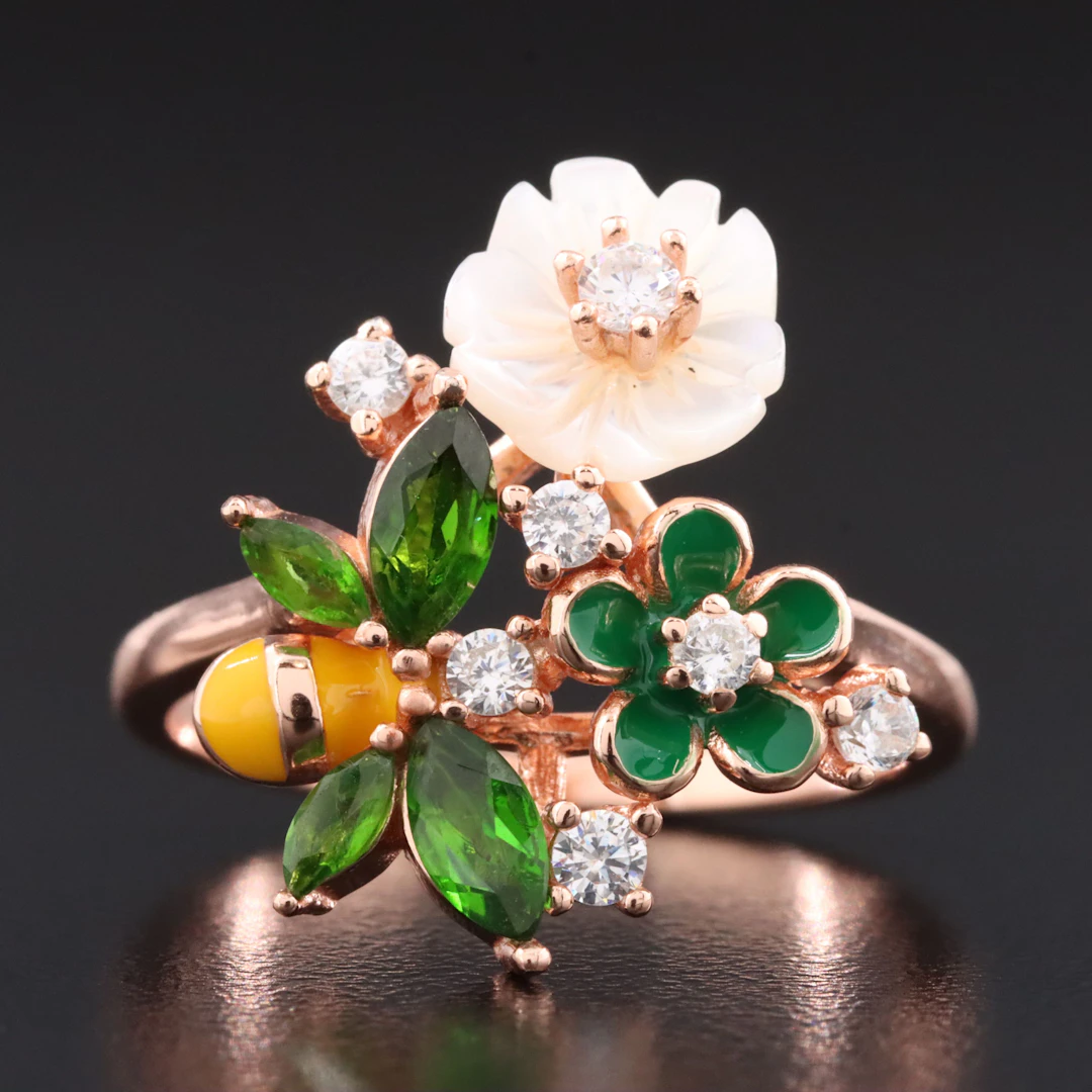 Sterling Mother-of-Pearl, CZ and Diopside Floral Ring