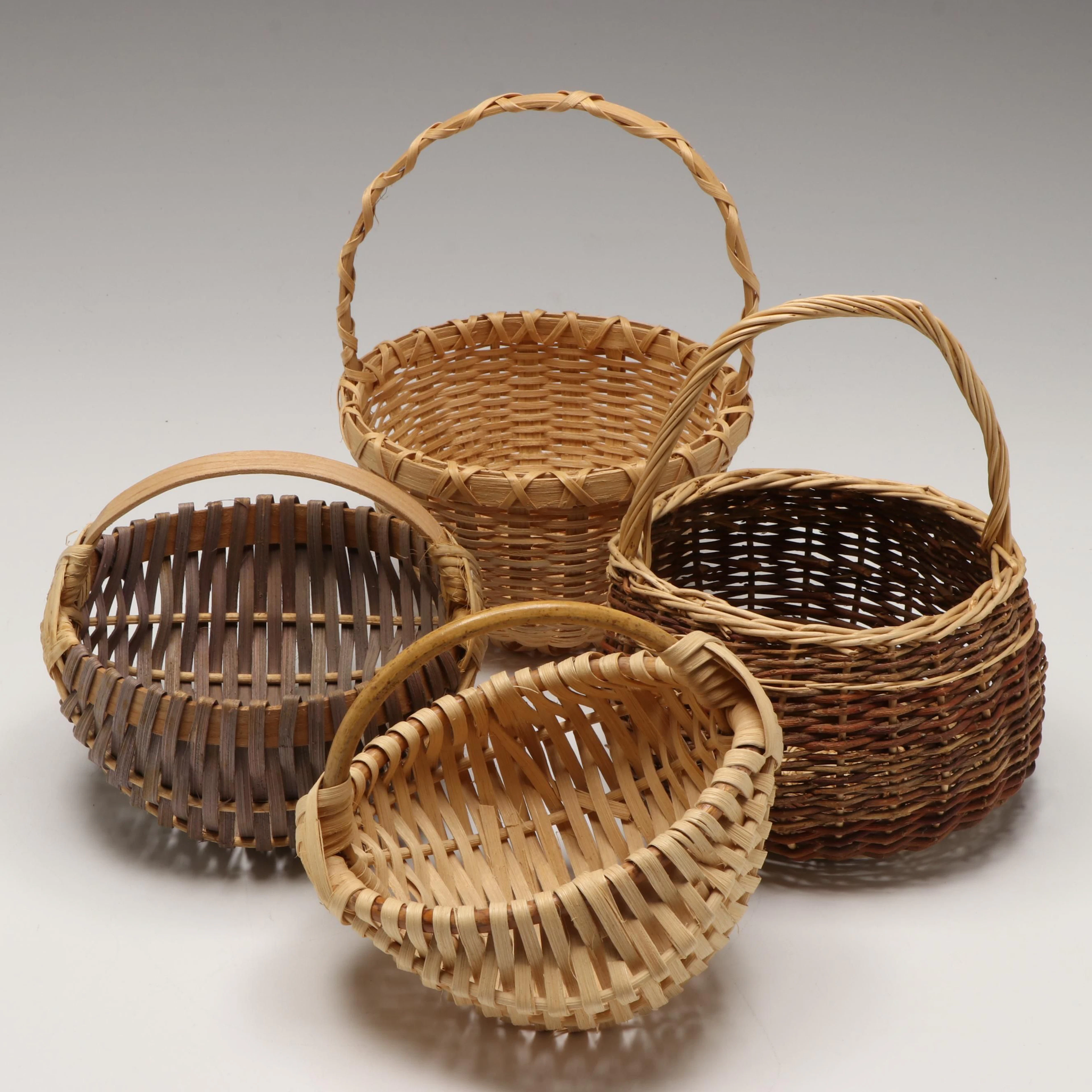 Folk Art Style American Artisan Crafted Round Handled Baskets