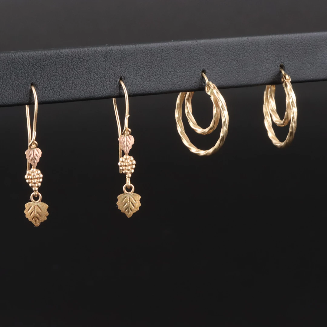 10K Crescent Hoops & 14K Tri-Color Grape Earrings